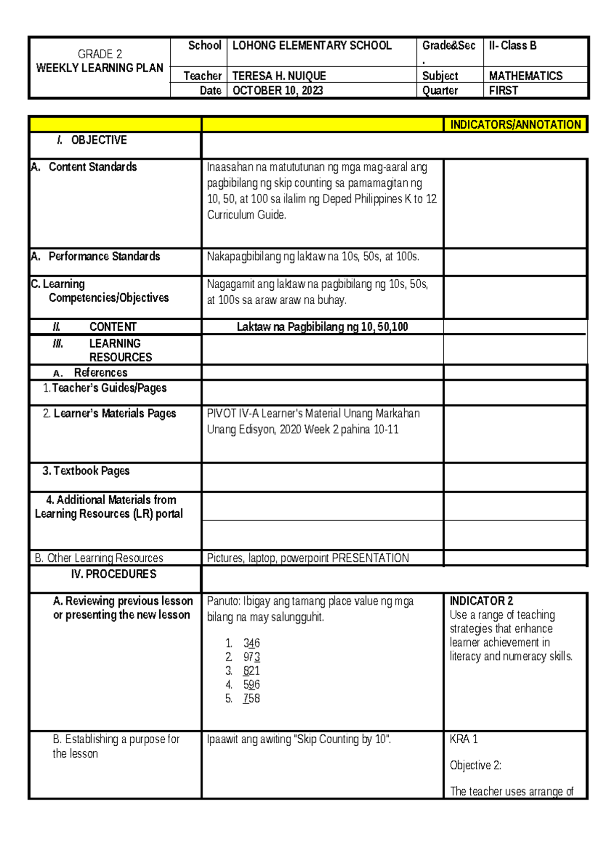 DLP 1st Quarter Math - GRADE 2 WEEKLY LEARNING PLAN School LOHONG ...