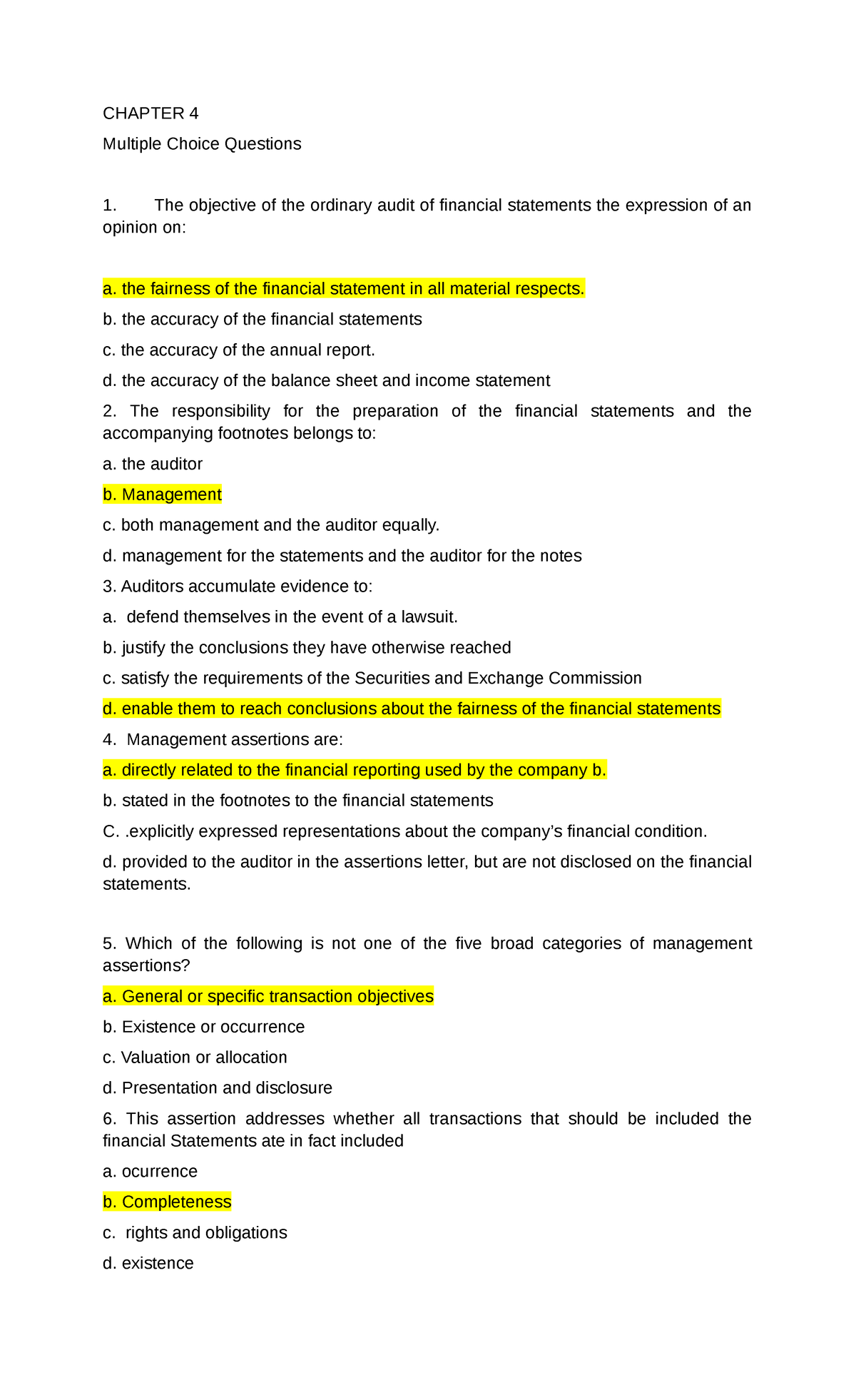 Auditing Midterm - Review - CHAPTER 4 Multiple Choice Questions The ...