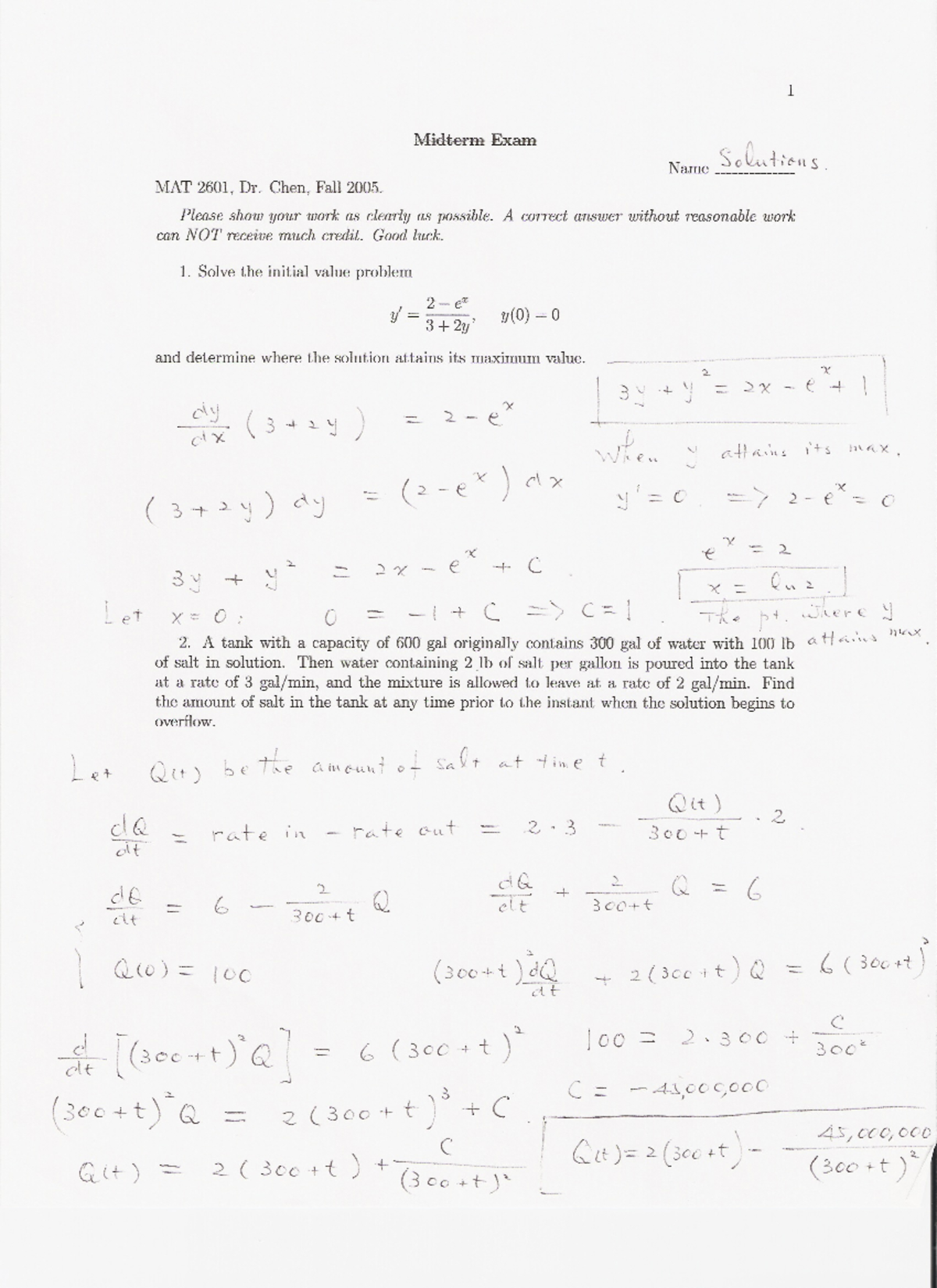 FALL 2015 Midterm - 1 Midterm Exam Name Solutions MAT 2601, Dr. Chen ...