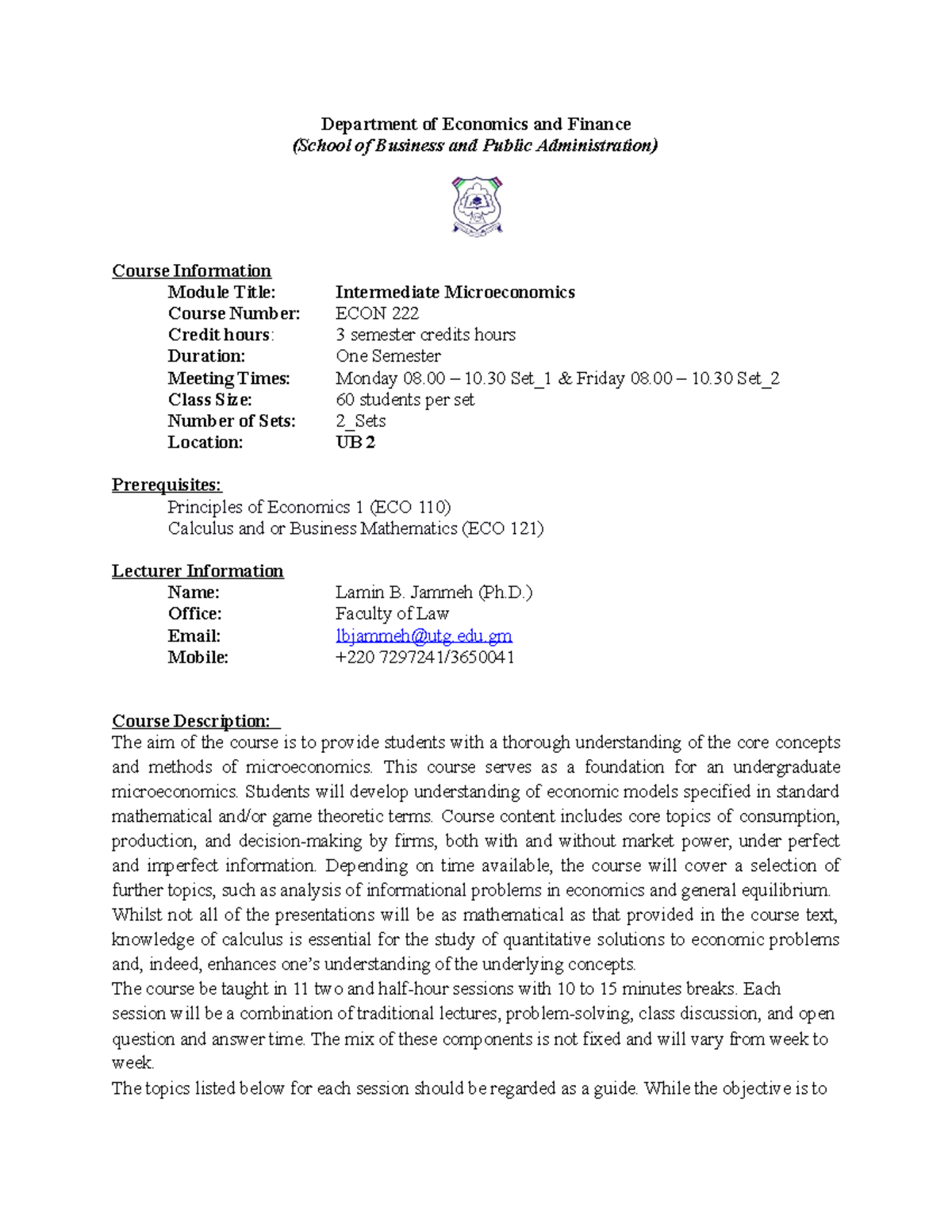 Course Outline Intermediate Microeconomics Friday - Department of ...
