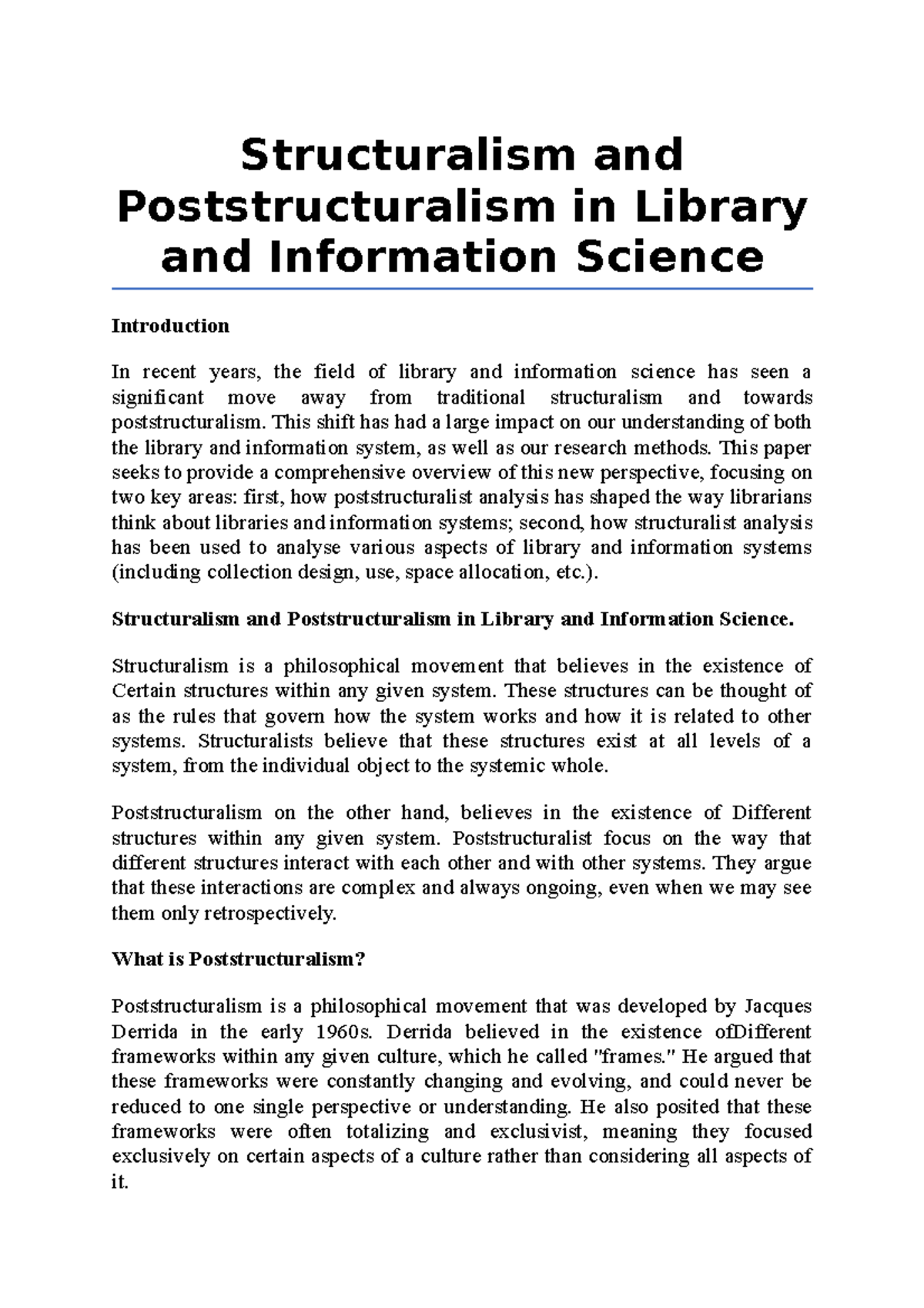 Structuralism and Poststructuralism in Library and Information Science