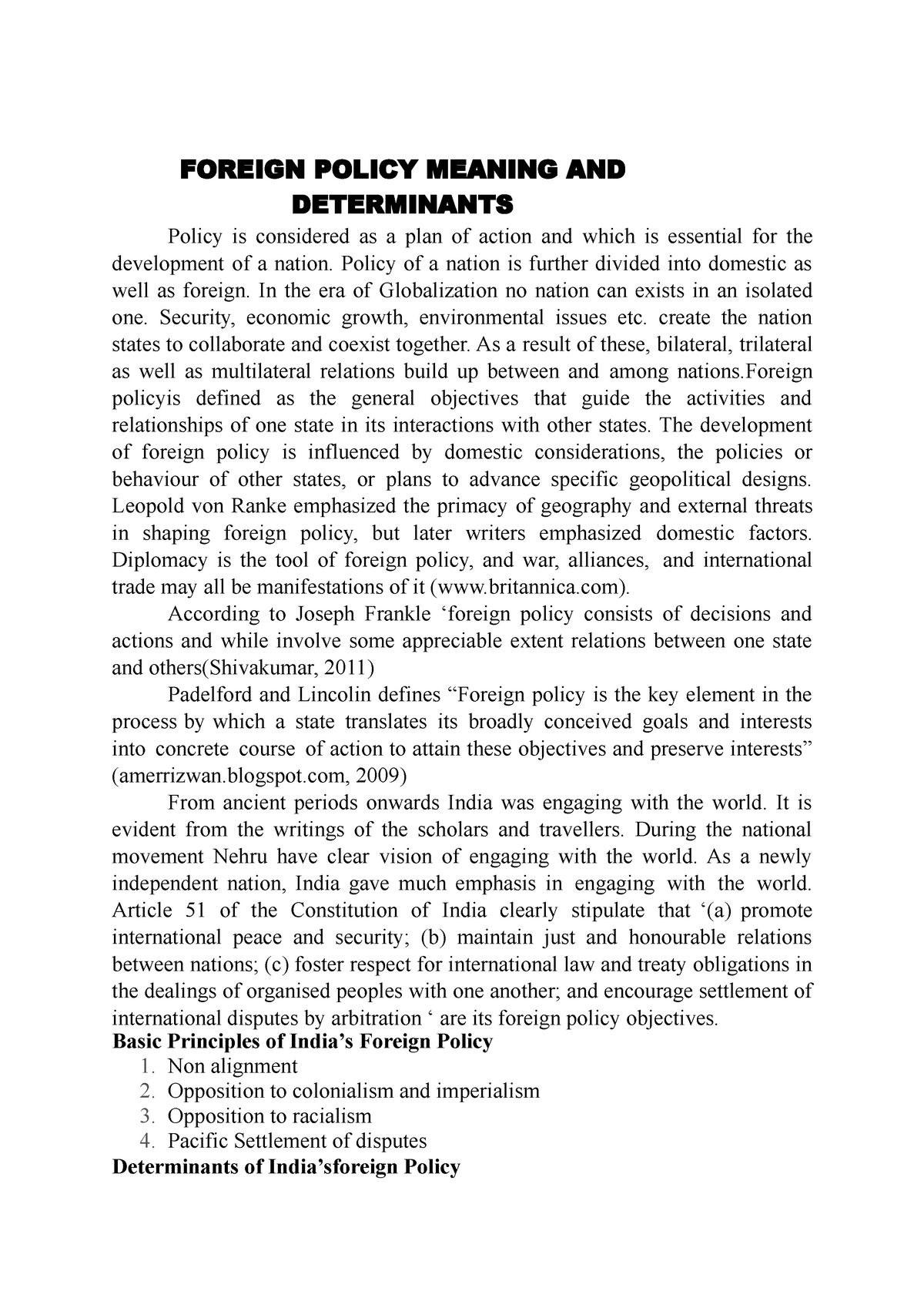 Foreign Policy Meaning AND Determinants FOREIGN POLICY MEANING AND 