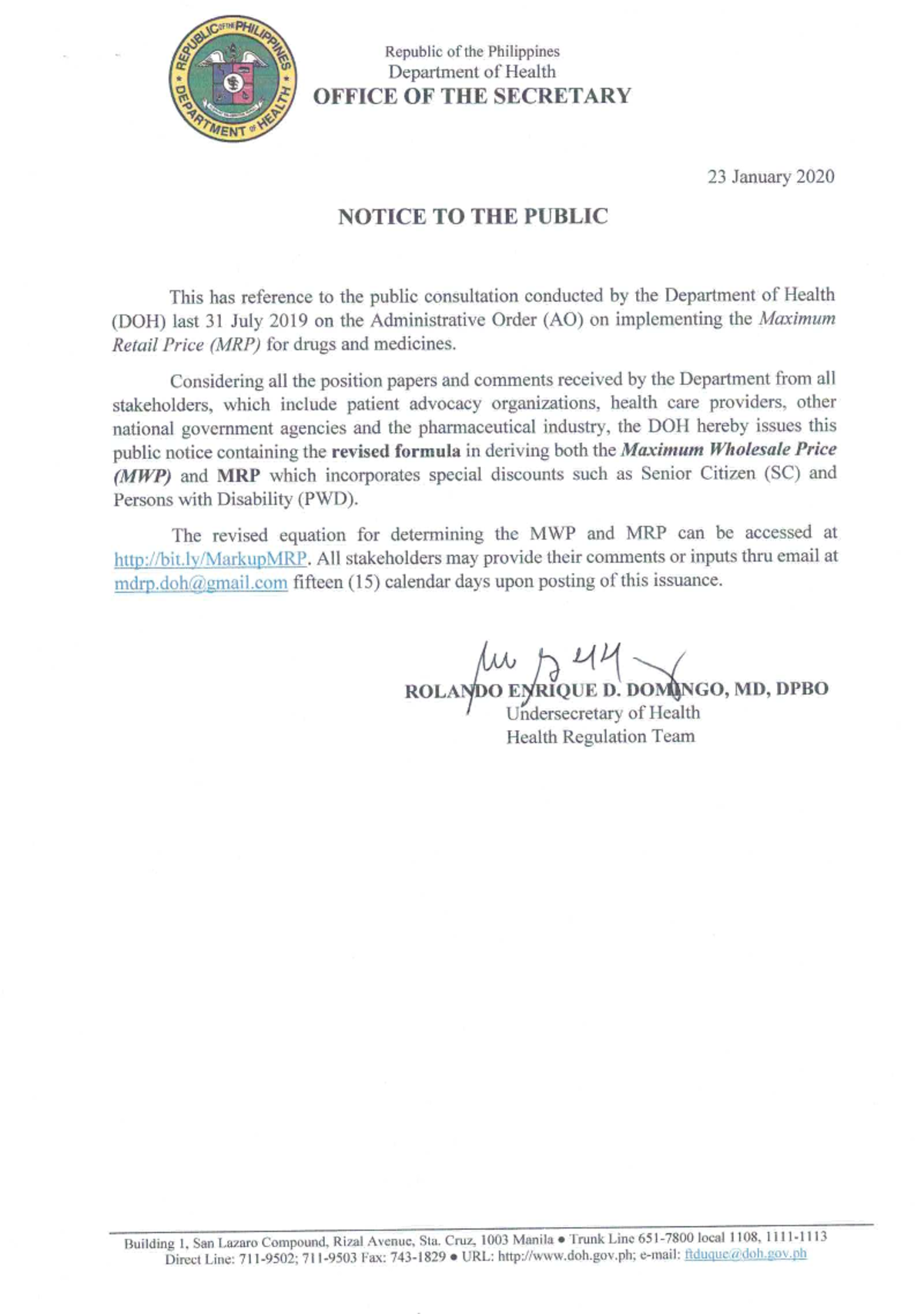 Notice to the Public - Doh memorandum - RECEIVE Republic of the ...