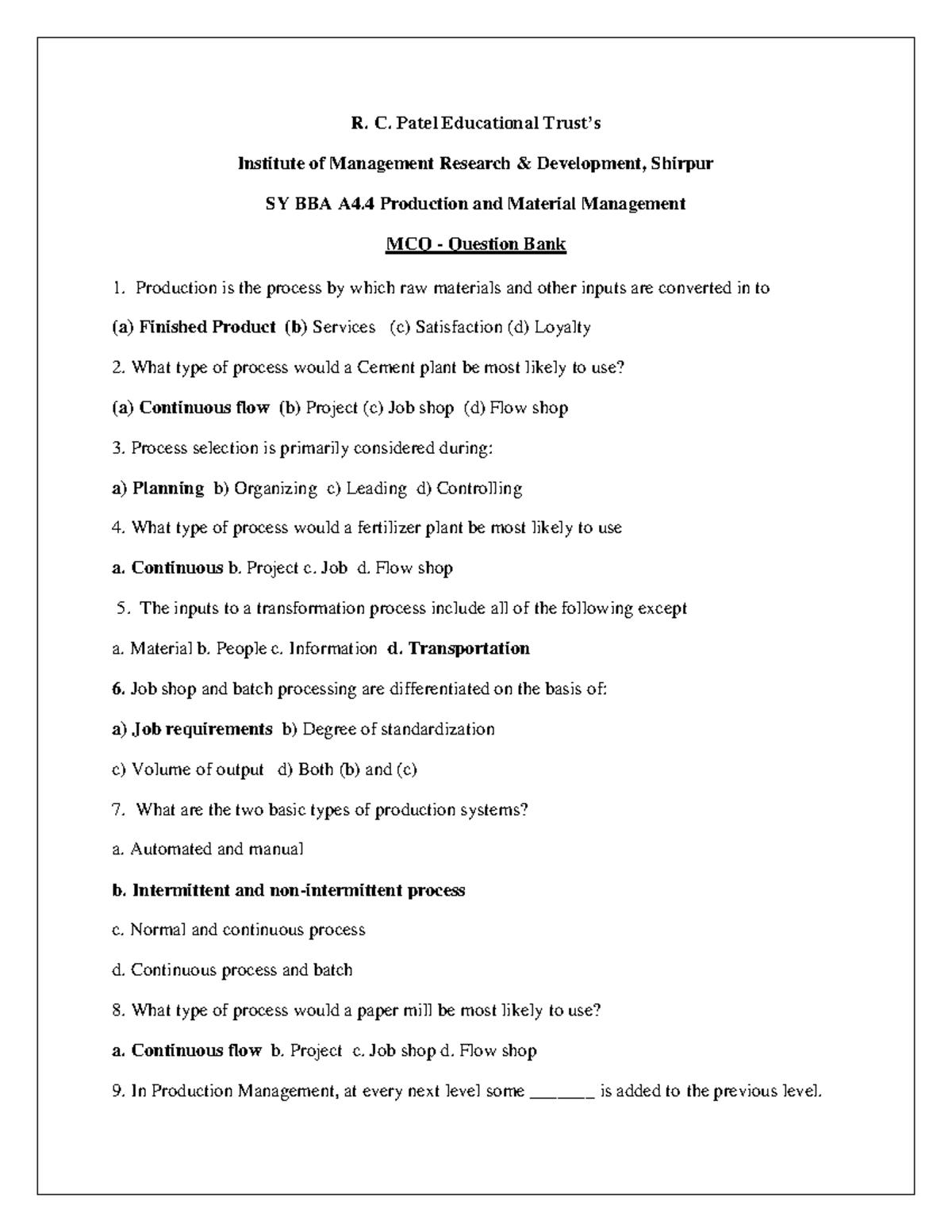 MCQ A 4 - BBA Semester 4 Production Management Sample MCQs - R. C ...