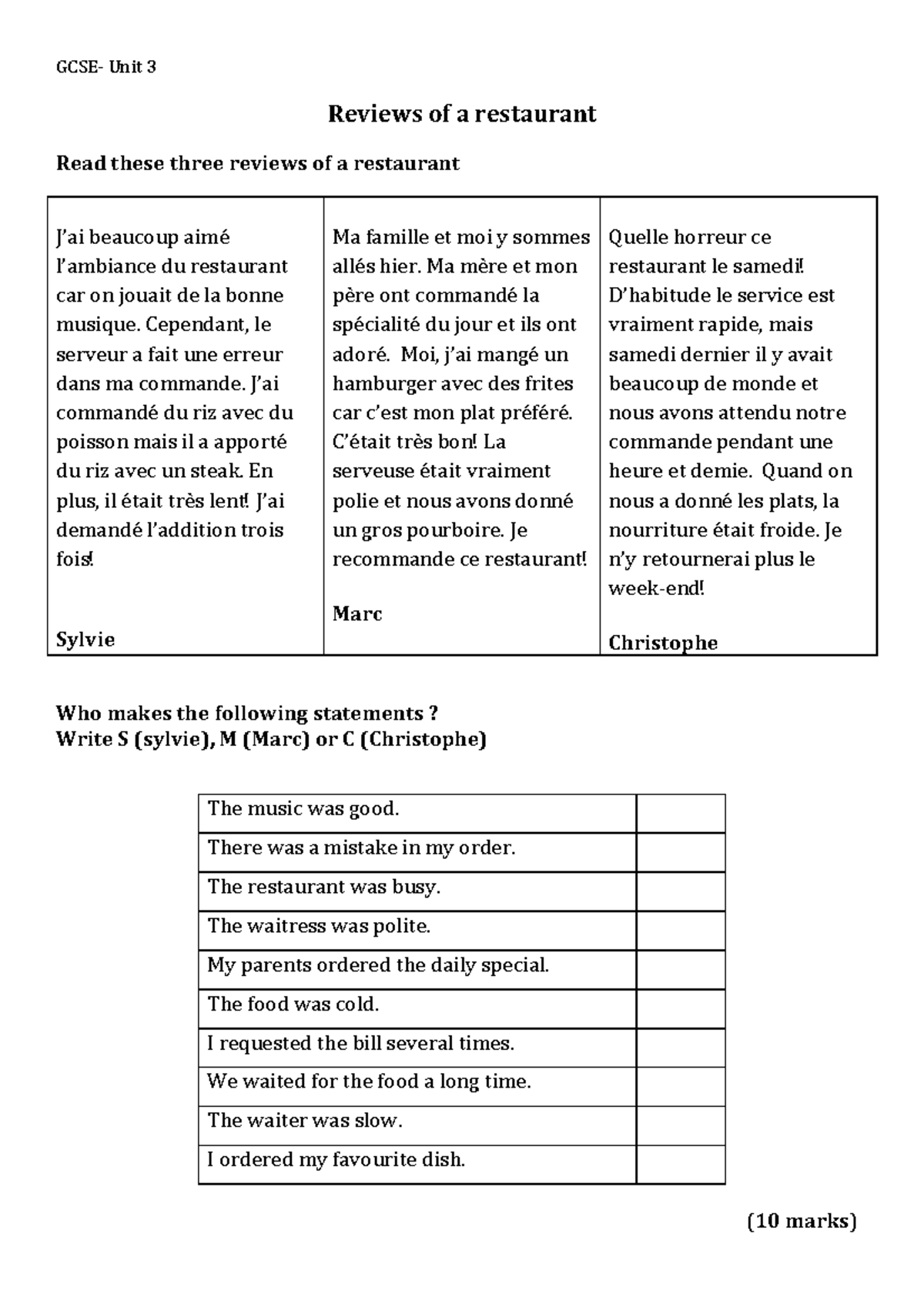 Reviews- Worksheet - french assignment - GCSE- Unit 3 Reviews of a ...