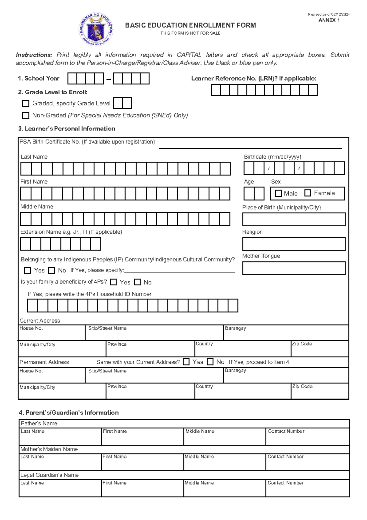 Basic Education Enrollment Form 021224 1 - Graded, specify Grade Level ...