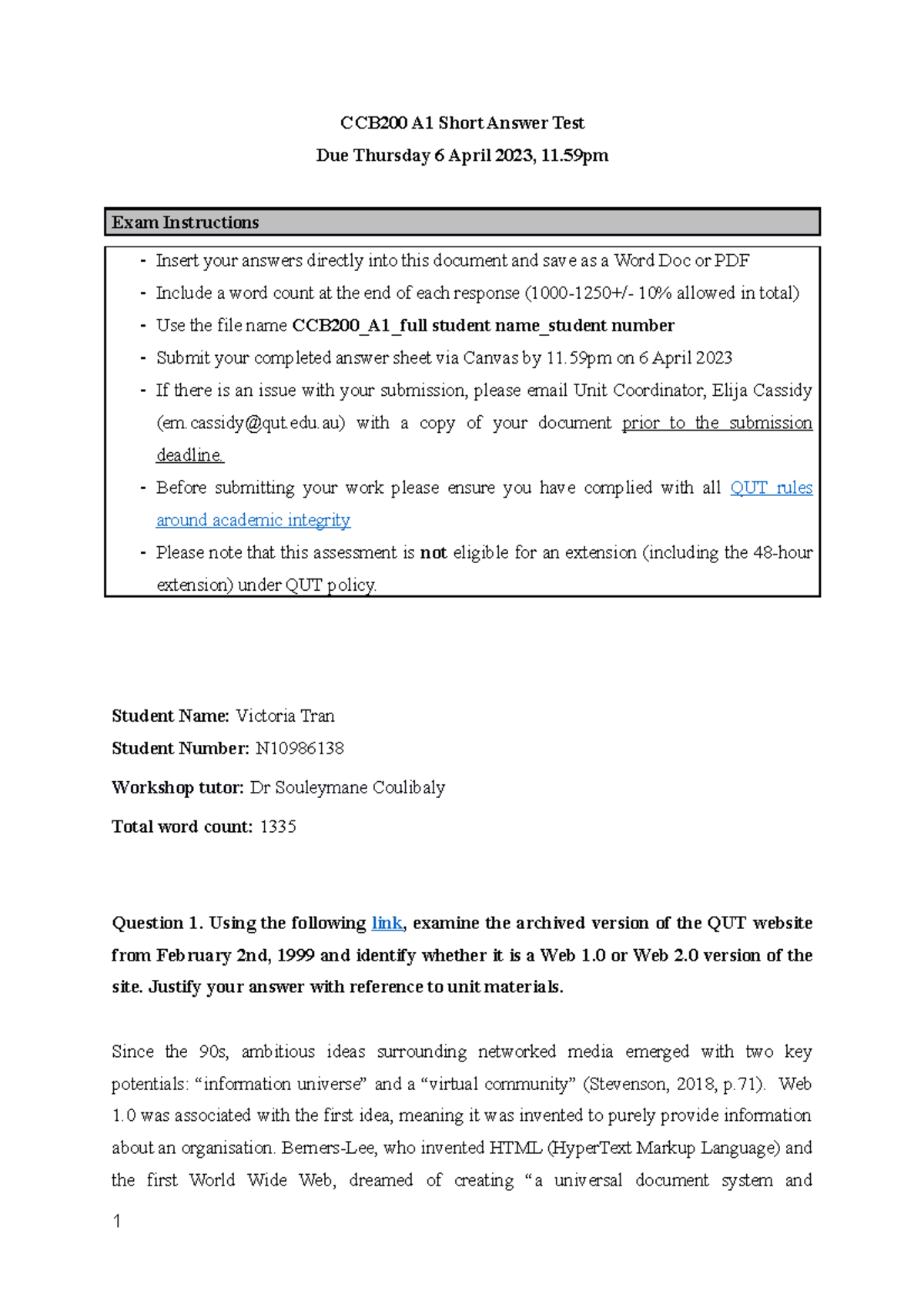 CCB200 A1 Short Answer Test - Questions and Answer Booklet 2023 ...