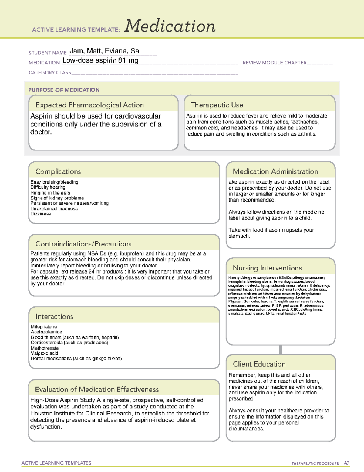 Lowdose aspirin 81 mg Active Learning Template medication ACTIVE