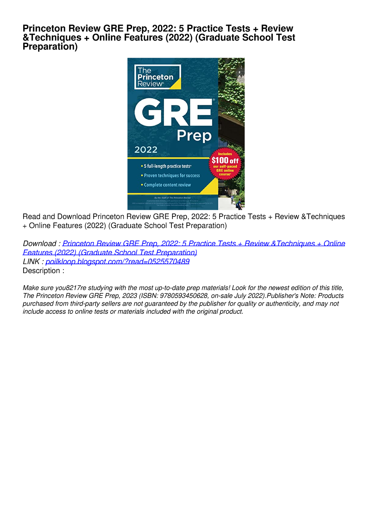 (PDF/DOWNLOAD) Princeton Review GRE Prep, 2022 5 Practice Tests