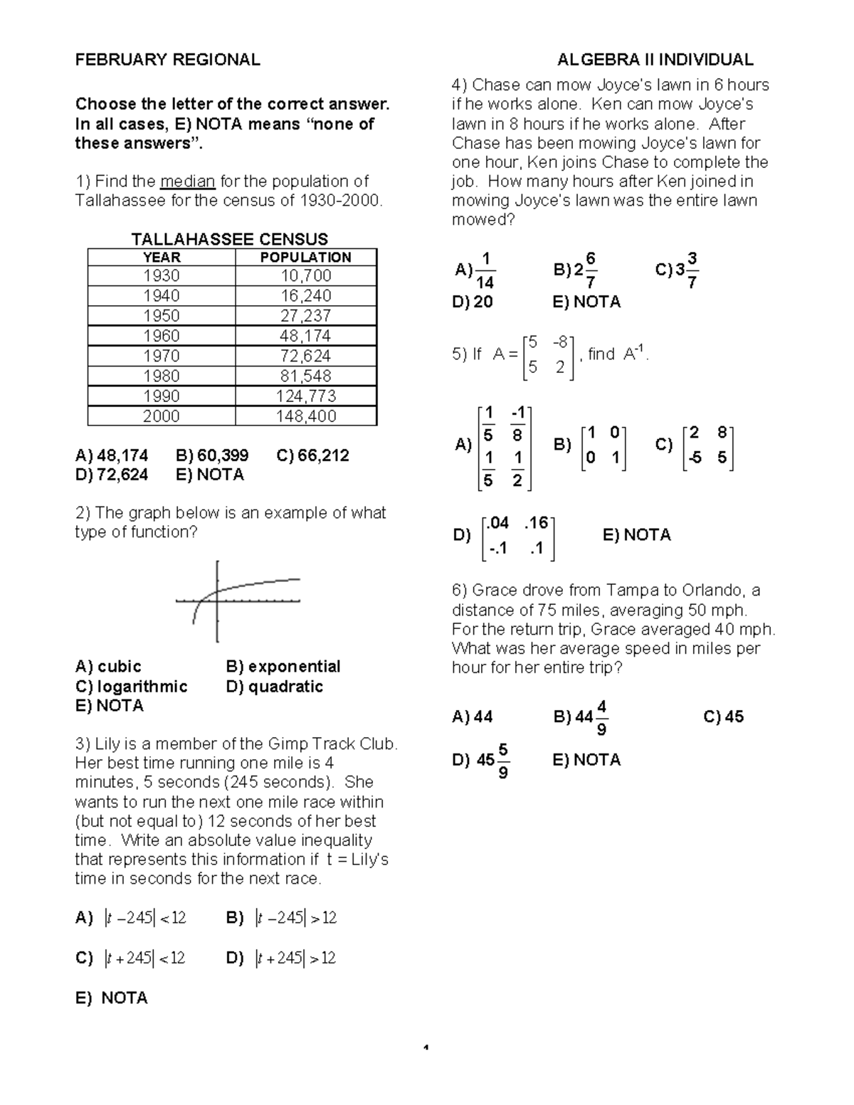 7548 T Algebra II February Individual Test - Choose the letter of the ...