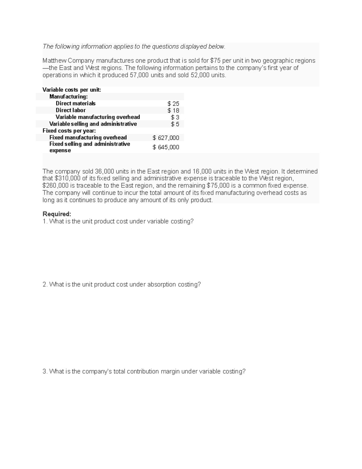 Chapter 6 Class Exercises Variable and Absoption Costing - The ...