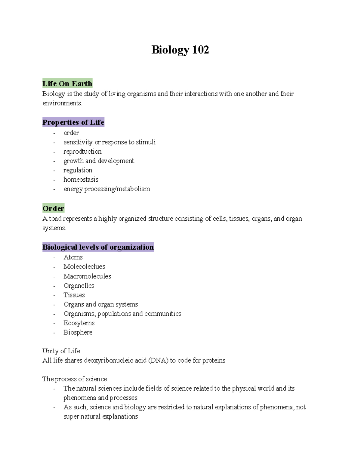 BIO 102 - 04 - personal notes - Biology 102 Life On Earth Biology is ...