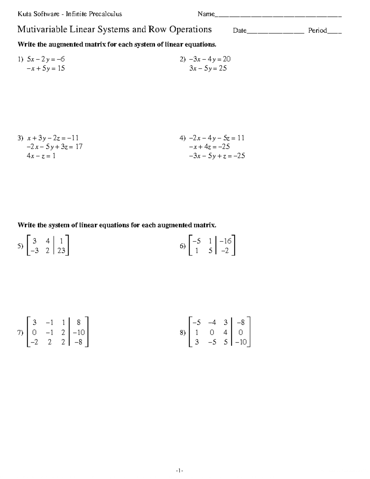 8 - Matrices Test Review Practice Worksheet - ©c i 2 L 0 1 v 6 J ...