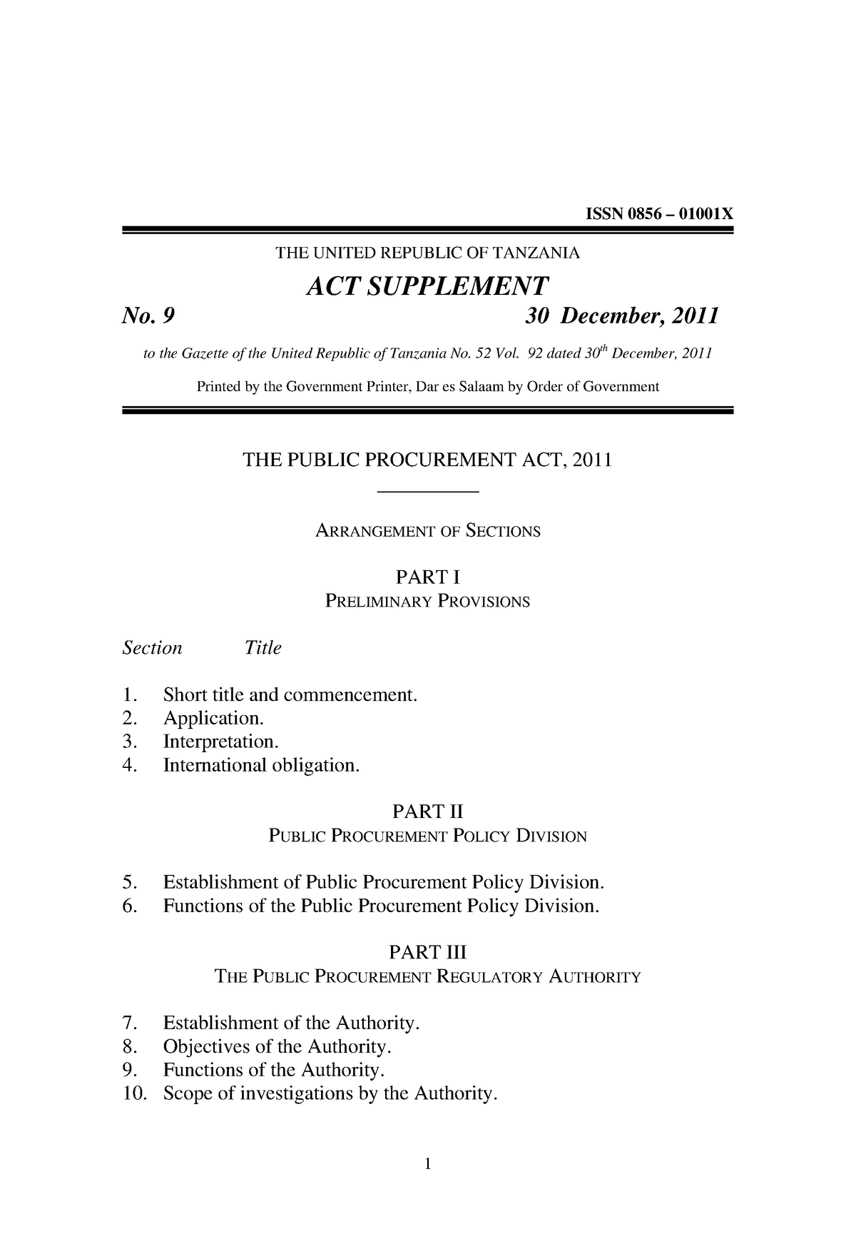 Public Procurement Act 2011 - ISSN 0856 – 01001X THE UNITED REPUBLIC OF ...