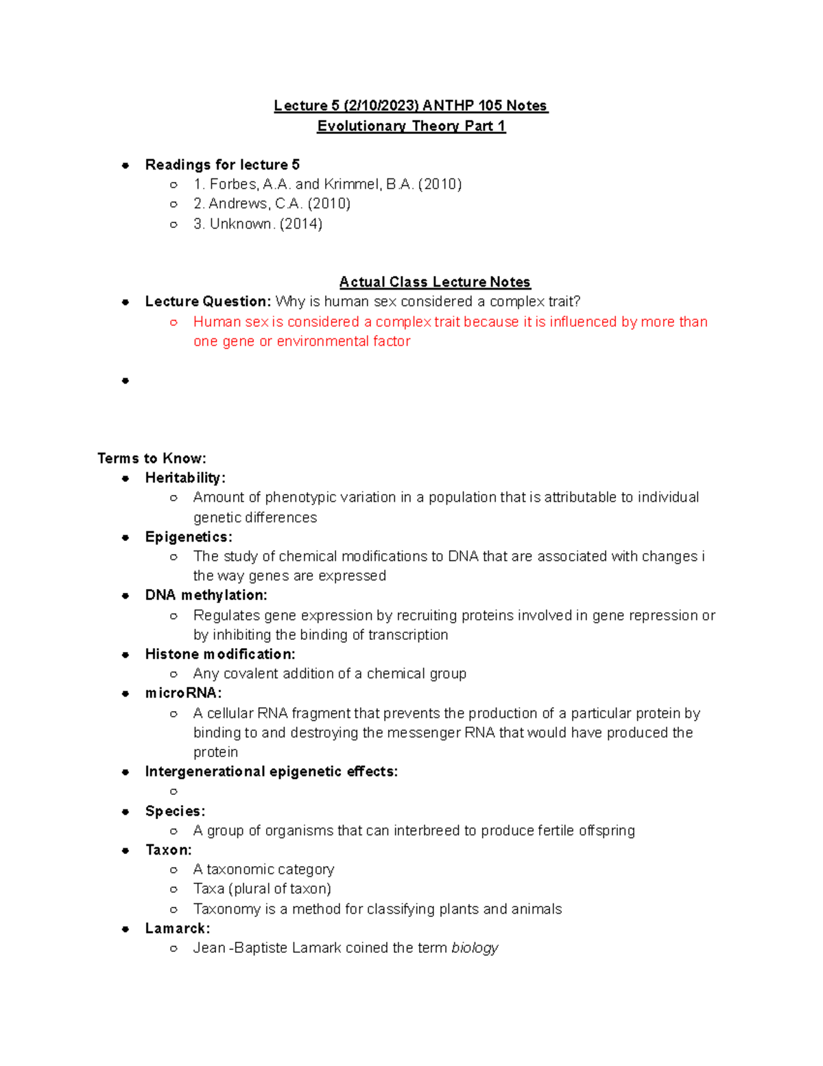 Lecture 5 (2 10 2023) ANTHP 105 Notes - Lecture 5 (2/10/2023) ANTHP 105 ...