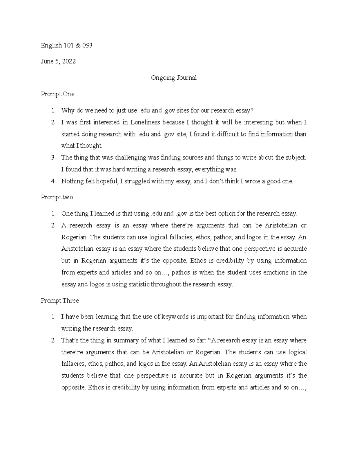 Ongoing journal - Answer to questions concerning sources you need to ...