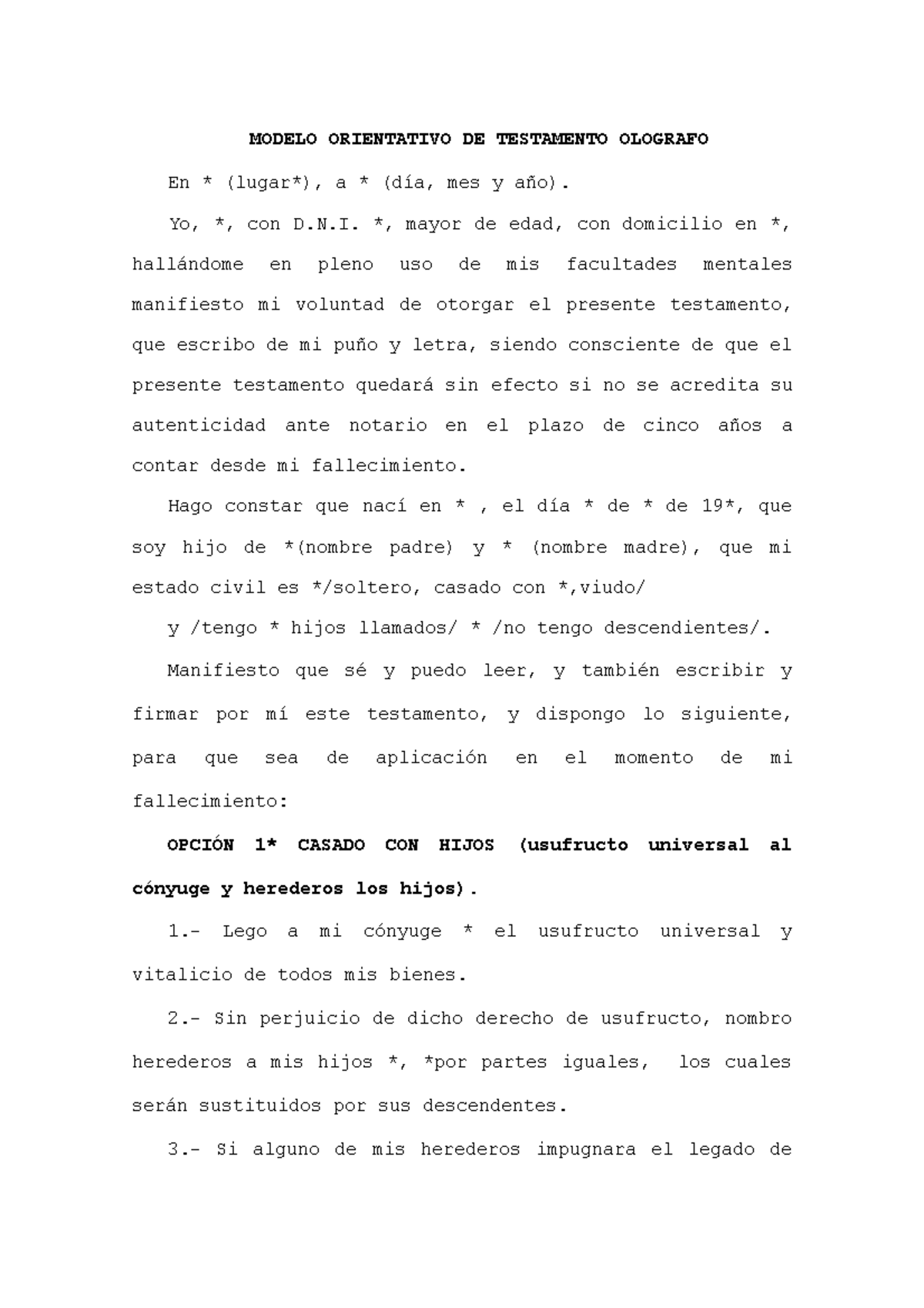 Modelo De Testamento Ol Grafo/modelo De Testamento Olografo