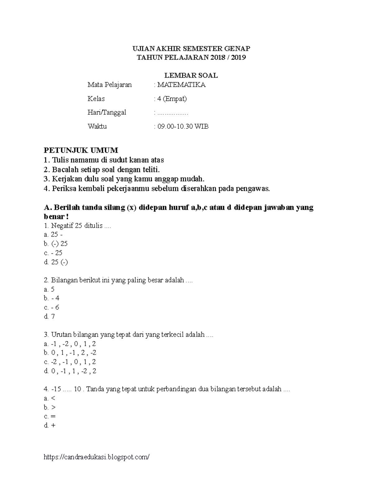 Soal Uas Matematika Kelas 4 Semester 2 - UJIAN AKHIR SEMESTER GENAP ...