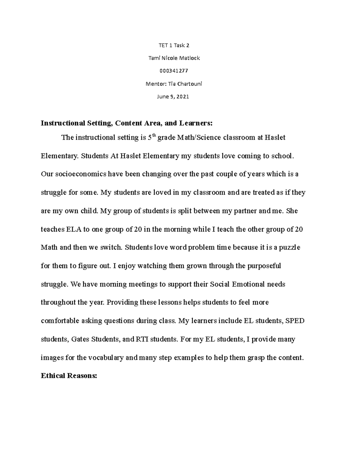TET 1 Task 2 - Passed Assignment - TET 1 Task 2 Tami Nicole Matlock ...