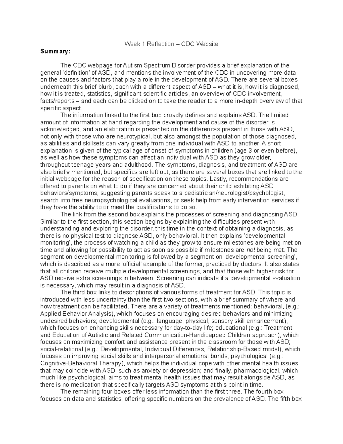 Week 1 Reflection ASD - Week 1 Reflection – CDC Website Summary: The ...