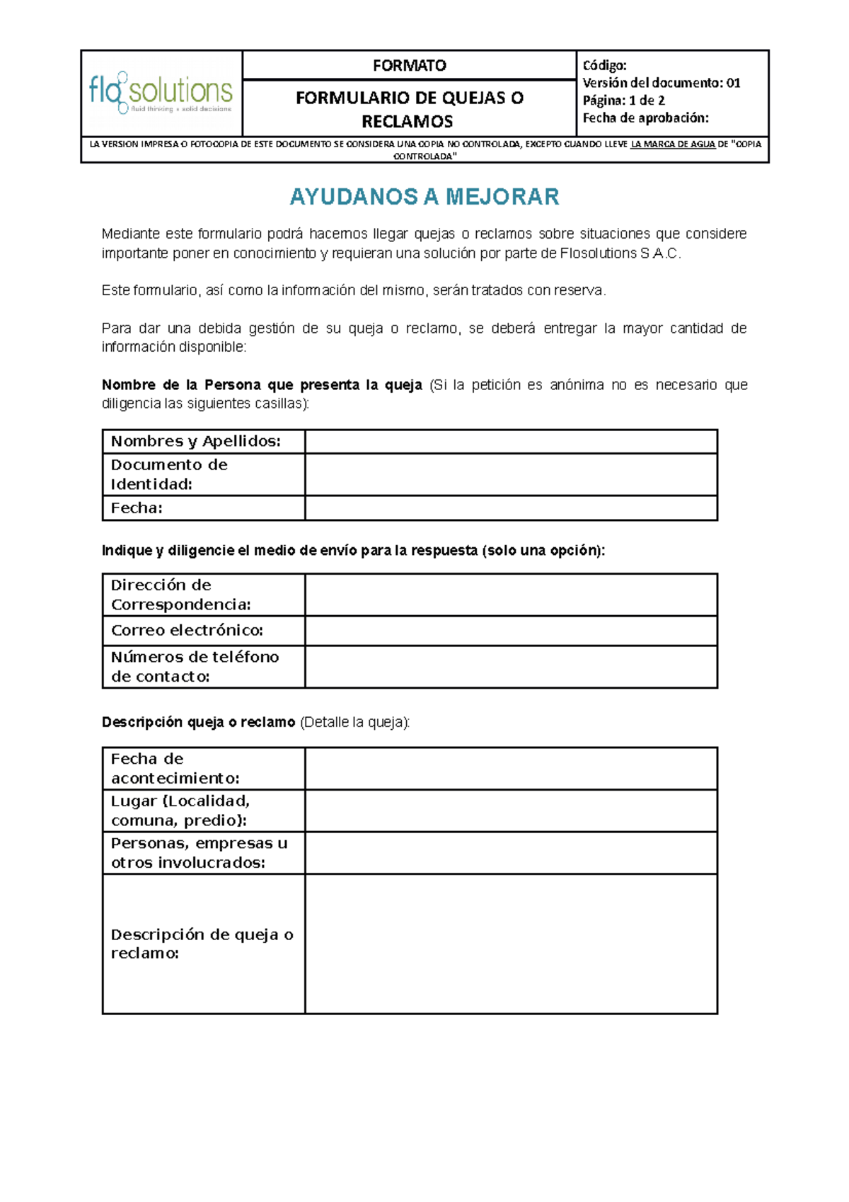 Formulario De Queja O Reclamo - FORMATO Código: Versión Del Documento ...