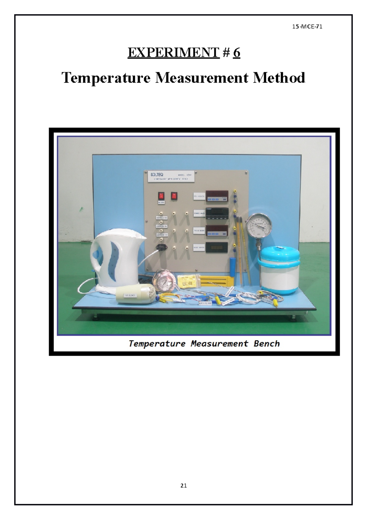 6 intrument - Lecture notes 1-10 - 15-MCE-71 EXPERIMENT # 6 Temperature ...