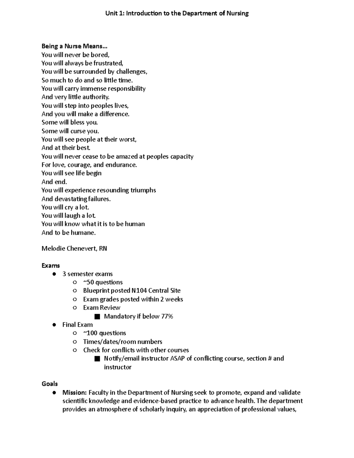 Unit 1 Introduction to the Department of Nursing - You will carry ...