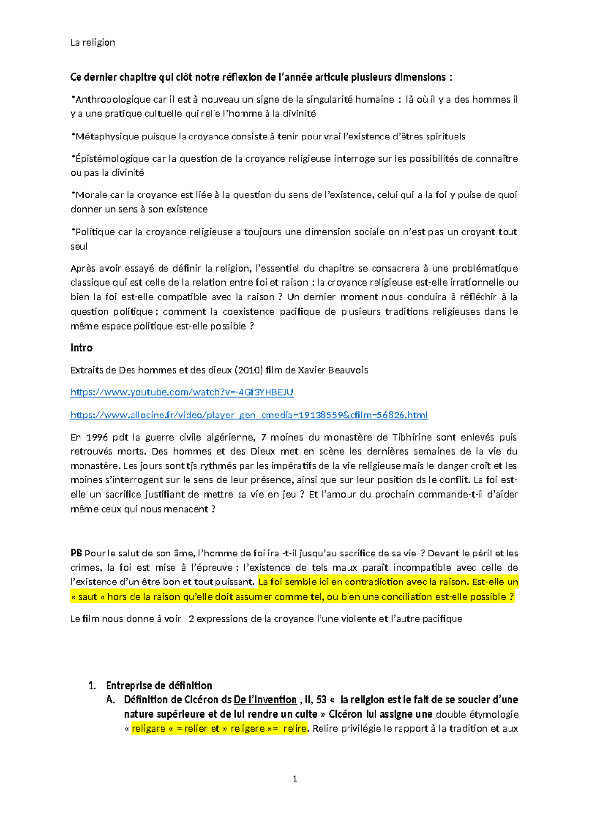 Religion-2023-2024 - cours religion philosophie - Ce dernier chapitre ...