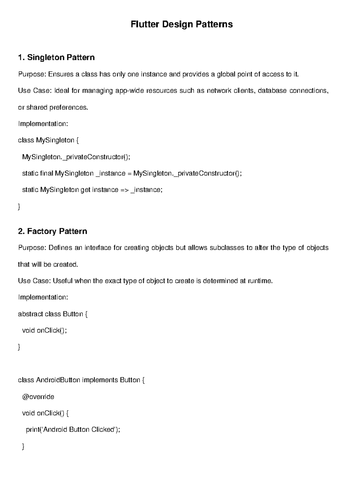 Flutter Design Patterns - Singleton Pattern Purpose: Ensures a class ...