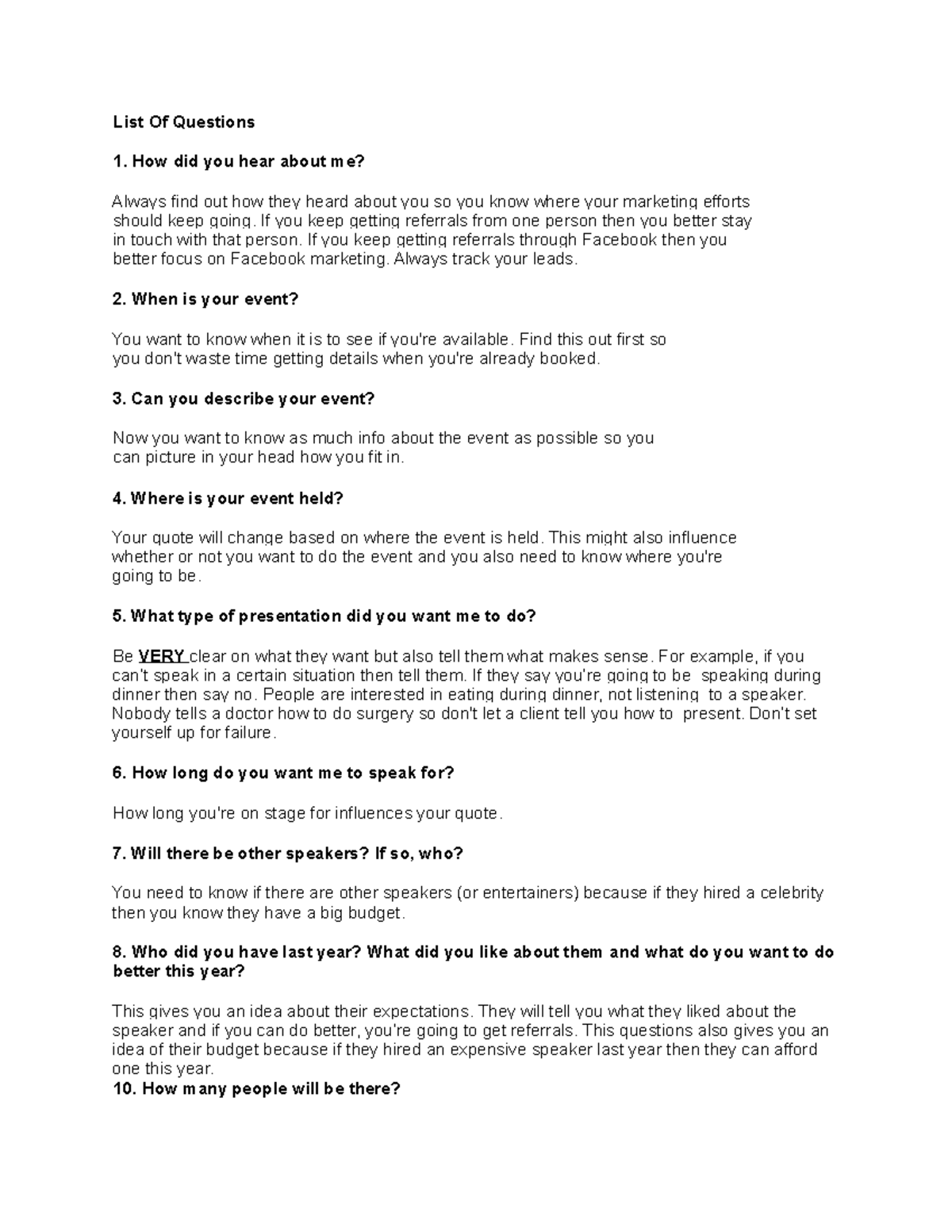 List of questions speaker - List Of Questions 1. How did you hear about ...