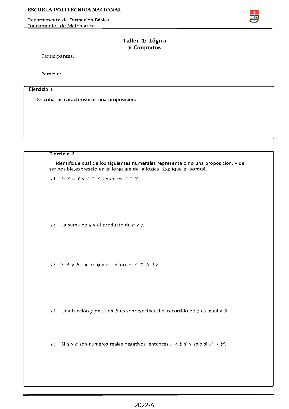 Taller 1 - Departamento De Formación Básica Fundamentos De Matemática ...