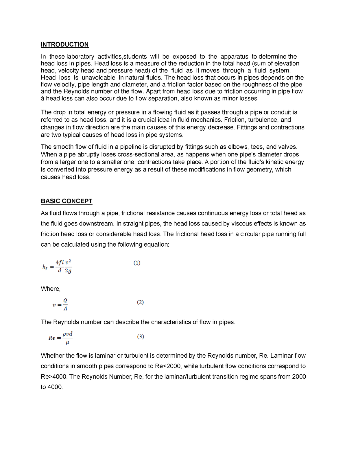 head loss experiment lab report