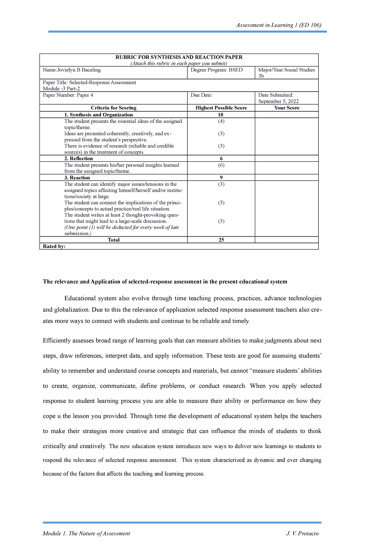 Table Of Specification - Assessment In Learning 1 (ED 106) RUBRIC FOR ...