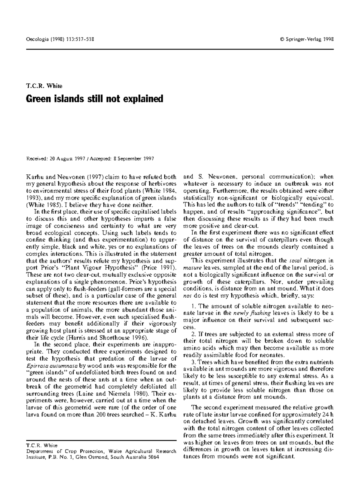 Idea 3 White 1998 Green islands still not explained T.C. White Green