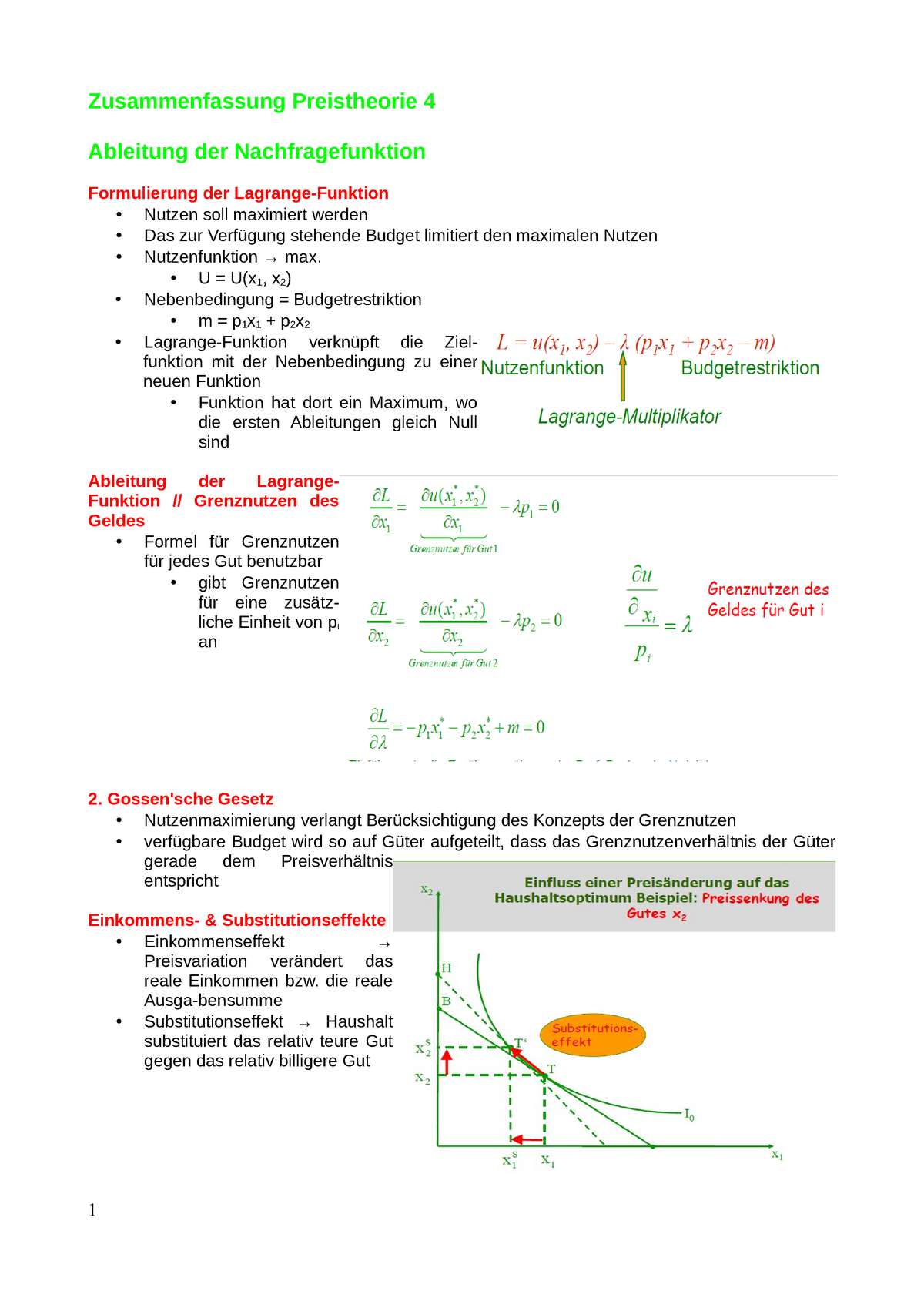 Zusammenfassung Preistheorie 4 - U = U(x 1 , X 2 ) Nebenbedingung ...