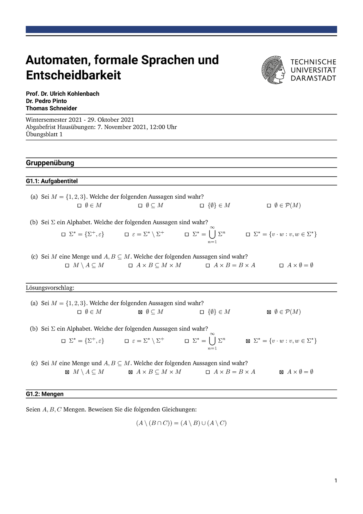 Sheet 01-sol Hausaufgaben - Mathematik 1 - TU Darmstadt - Studocu