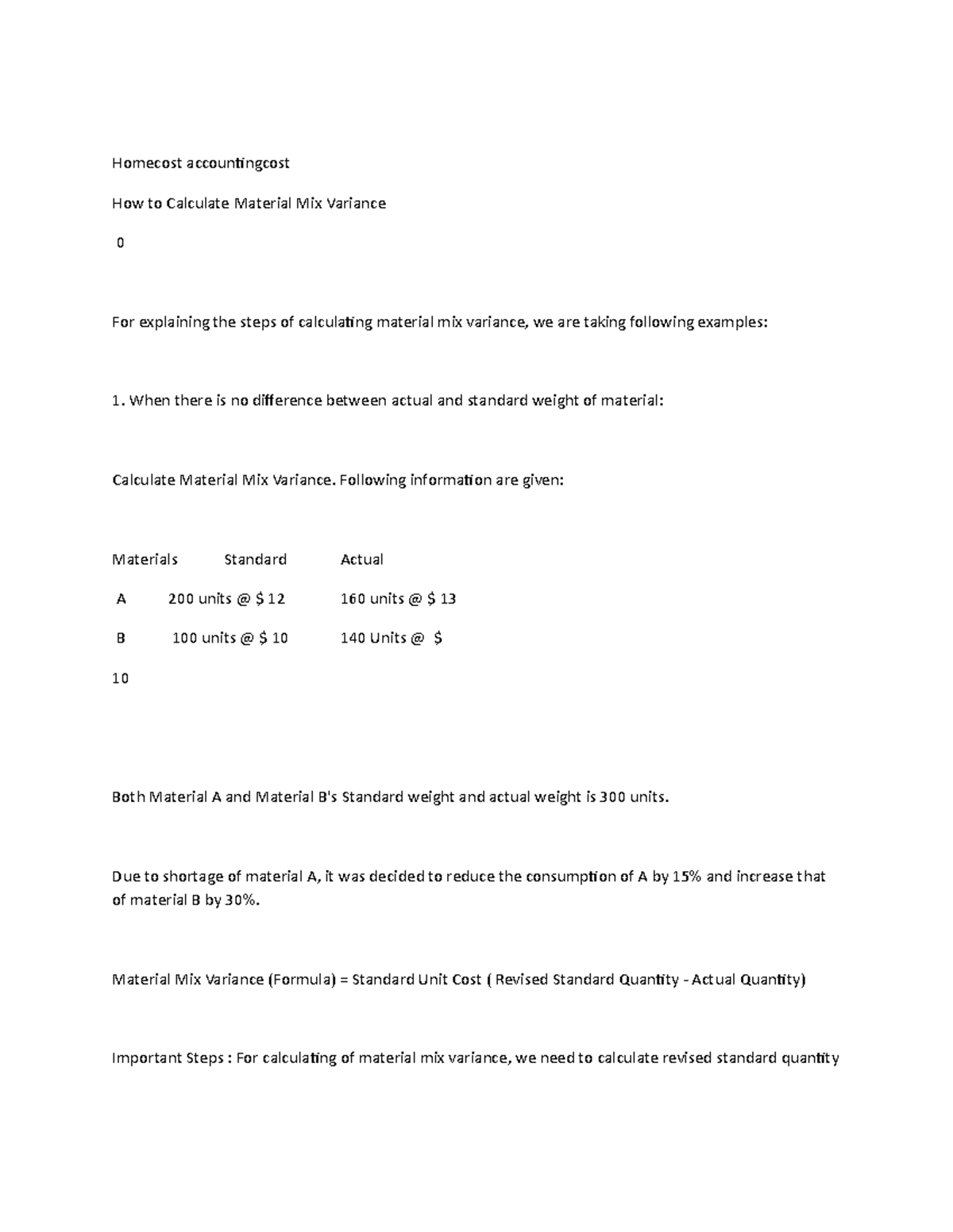 Material mix Assignment Homecost accountingcost How to Calculate