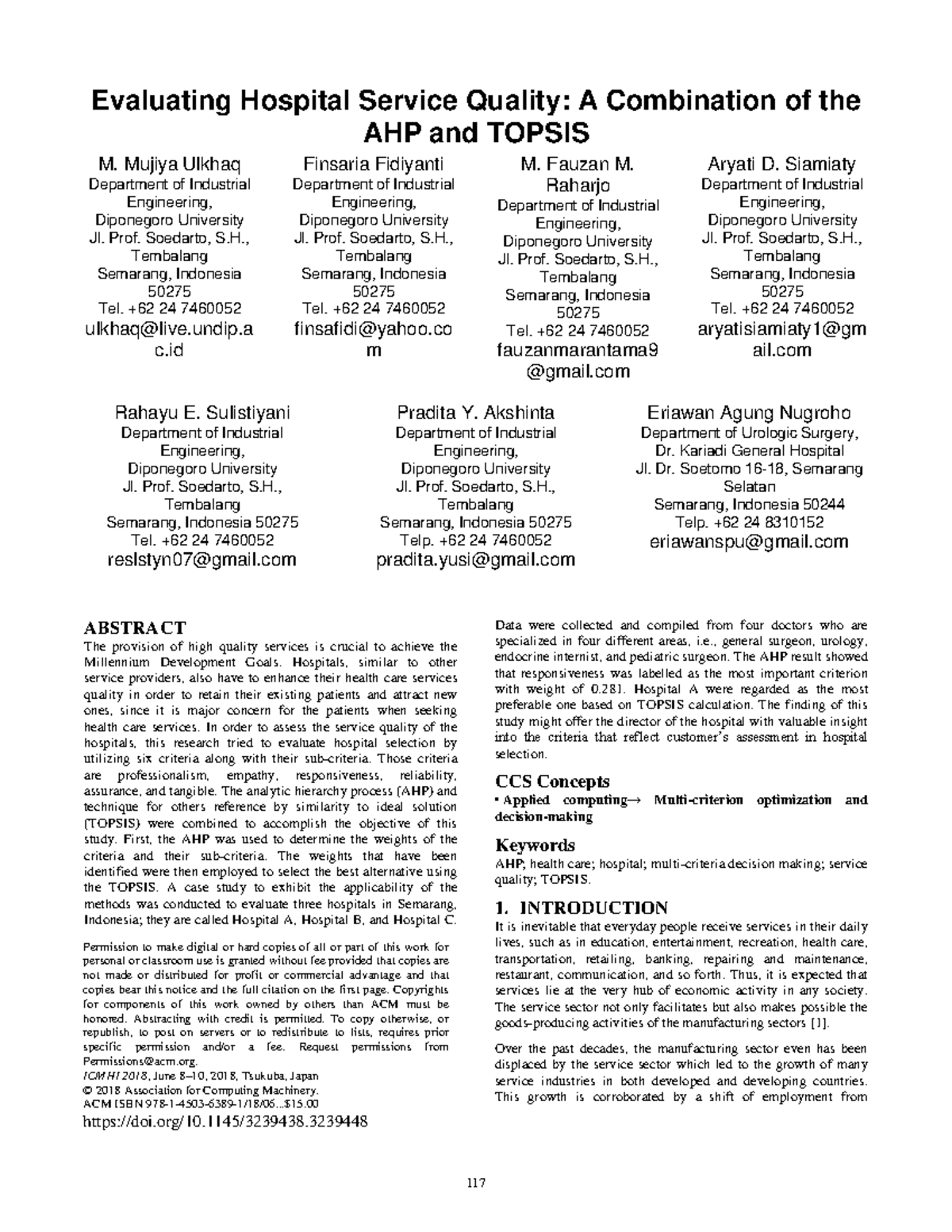 Evaluating Hospital Service Quality A Combination of the AHP and Topsis ...