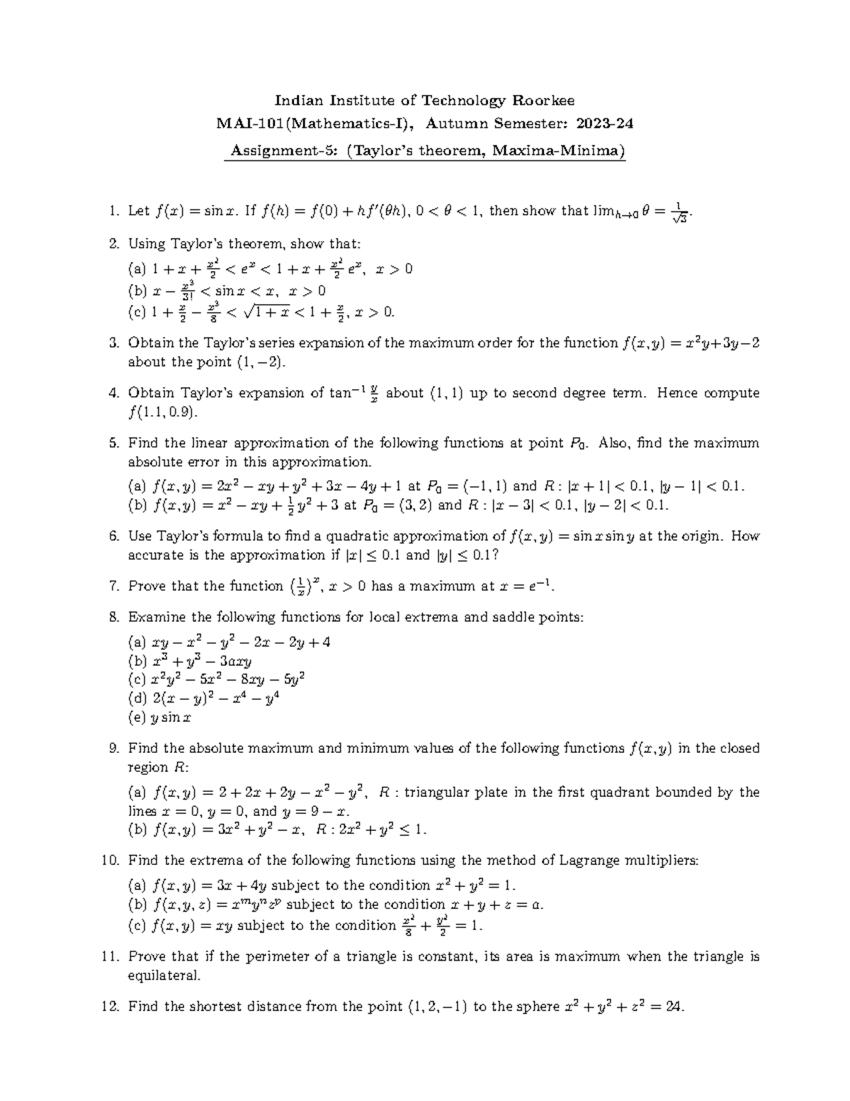 Assignment-5 Mathematics-I (MAN-001) - Indian Institute of Technology ...