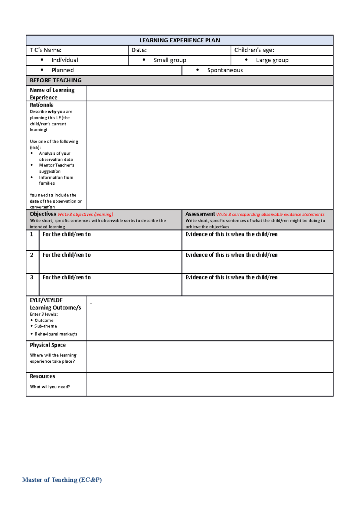 Learning Experience Planning Template - LEARNING EXPERIENCE PLAN T C’s ...