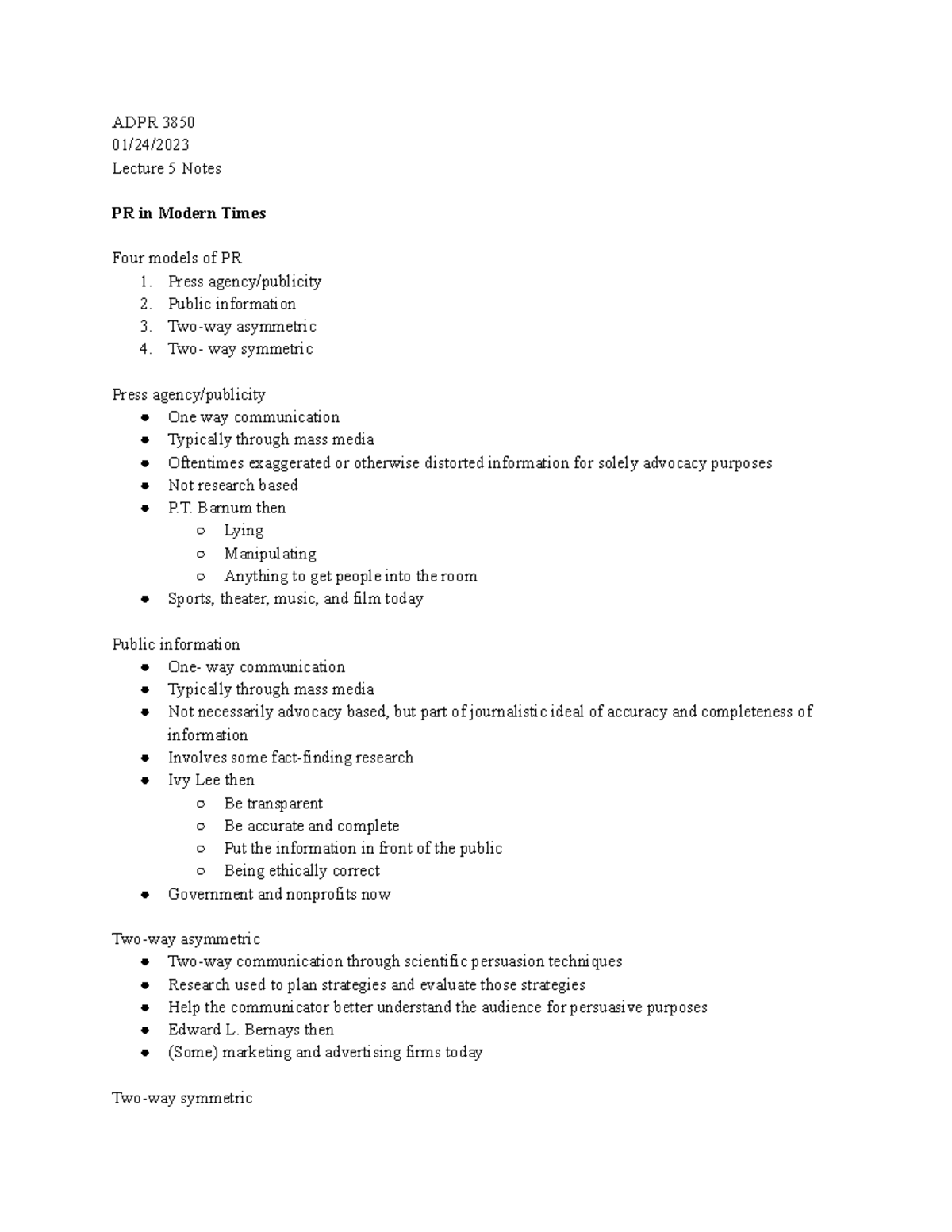 ADPR Lecture 5 Notes - ADPR 3850 01/24/ Lecture 5 Notes PR in Modern ...