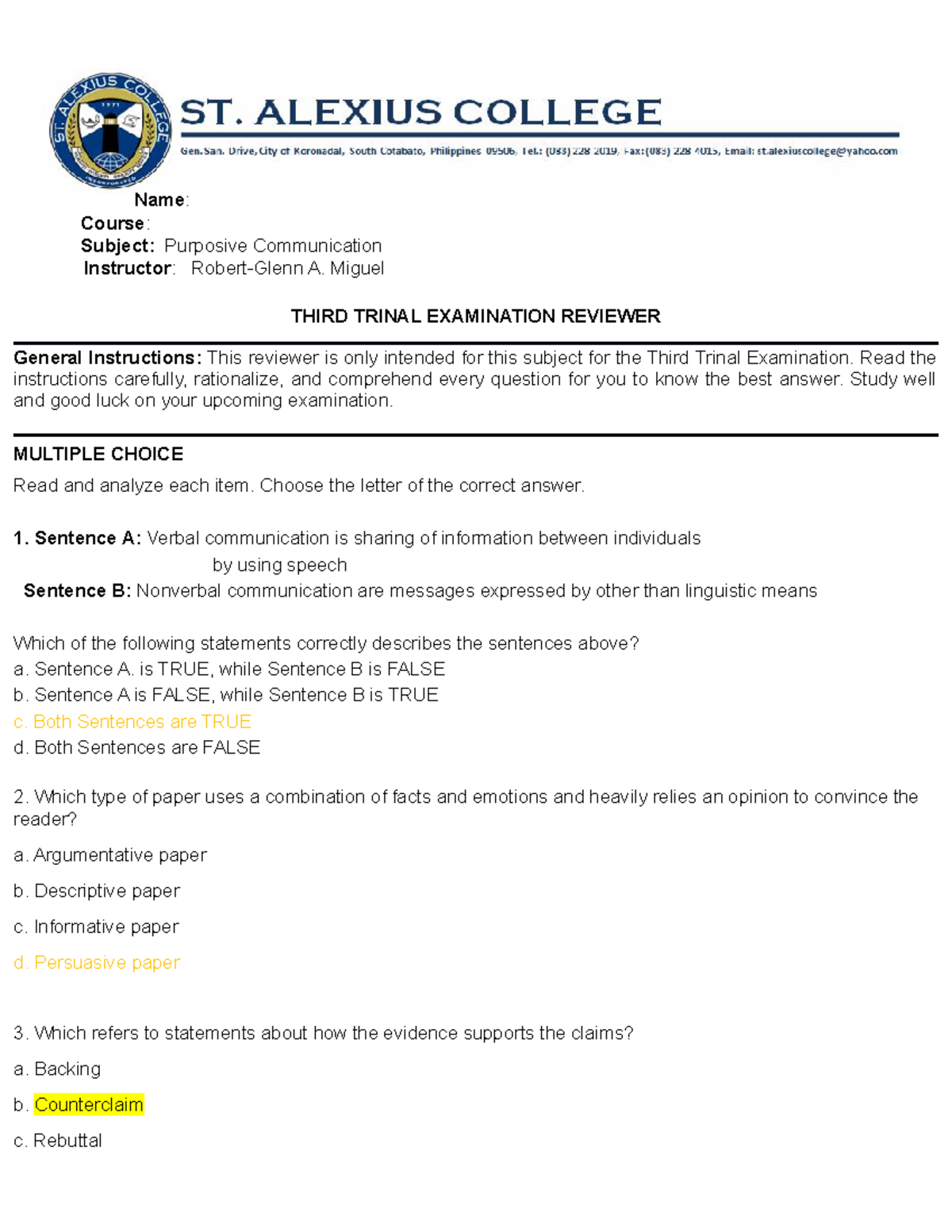 GE1-3rd trinal exam reviewer - Name: Course: Subject: Purposive ...