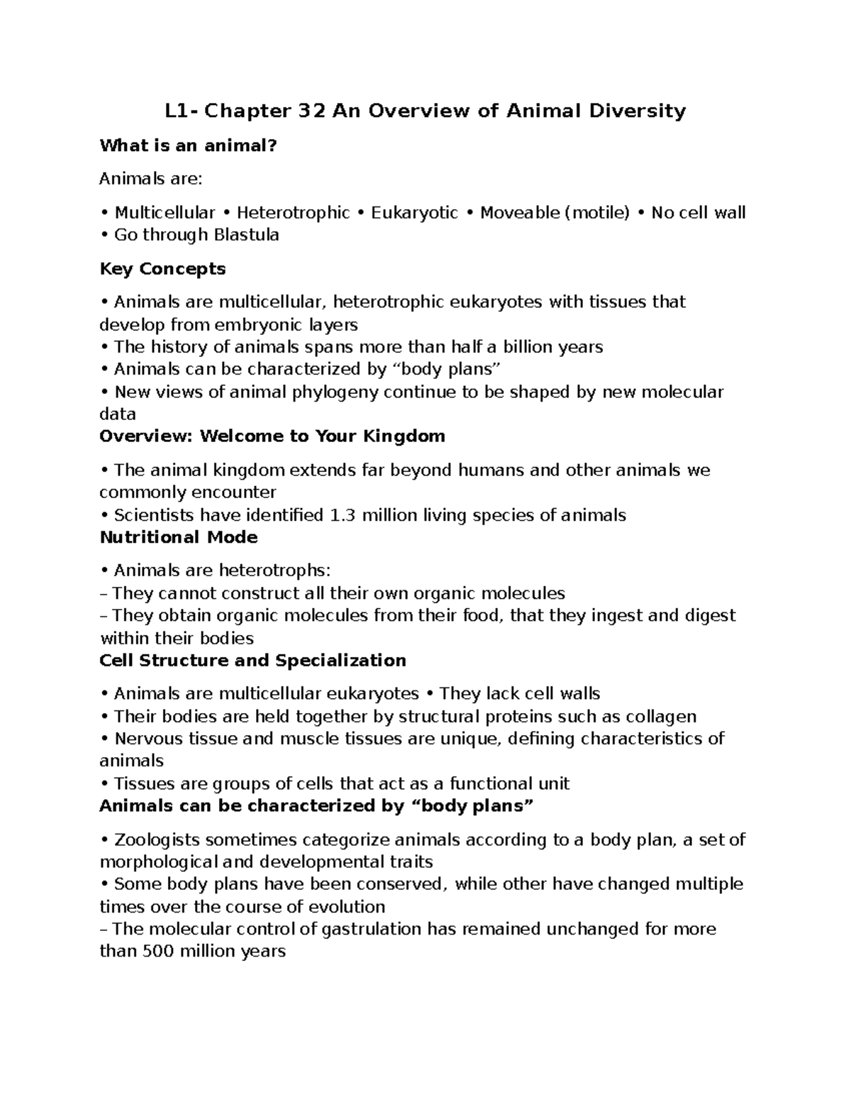 BIO225 - Summary Midterm 1 - L1- Chapter 32 An Overview of Animal ...