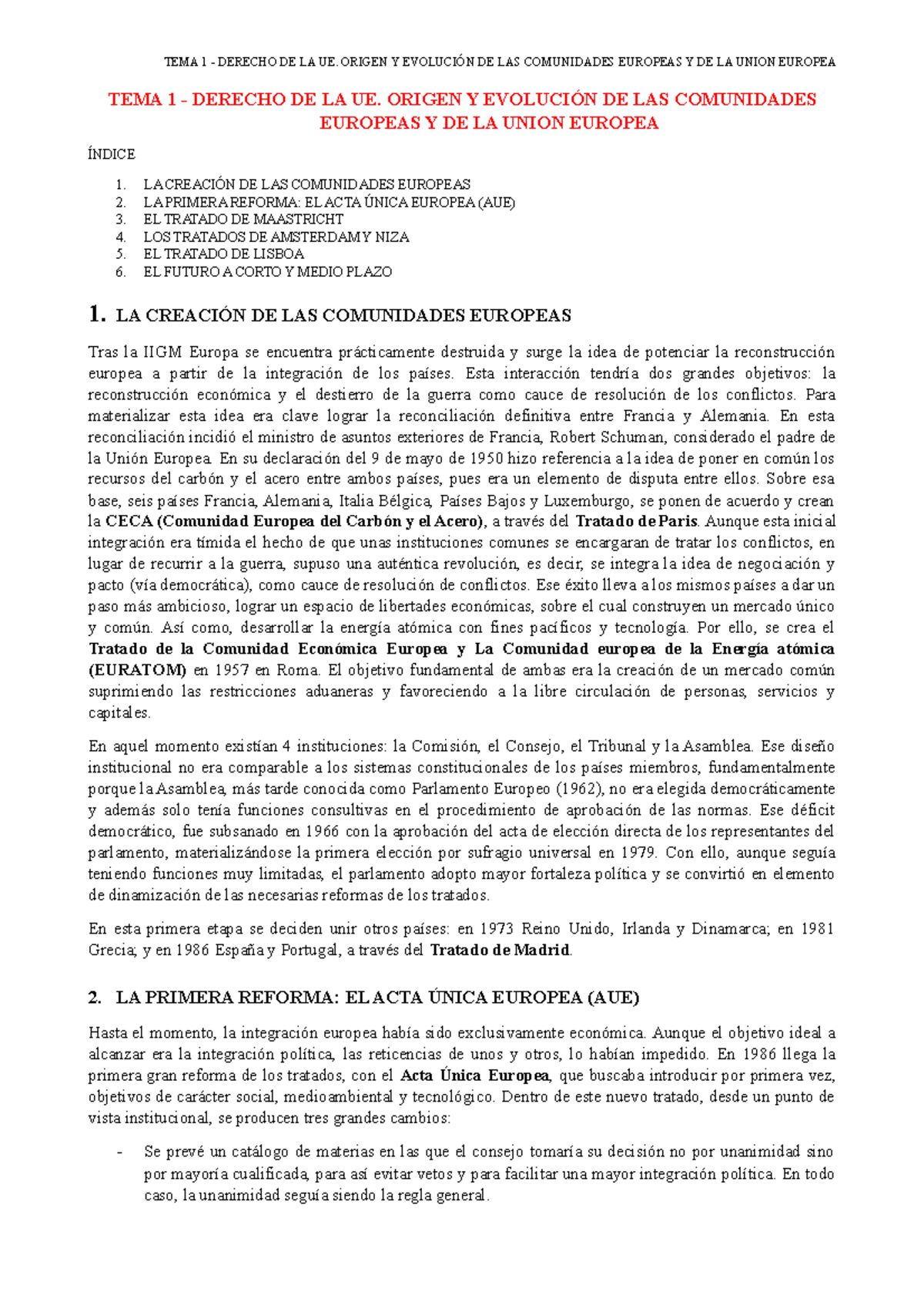 Derecho de la union europea - Tema 1 - TEMA 1 - DERECHO DE LA UE ...