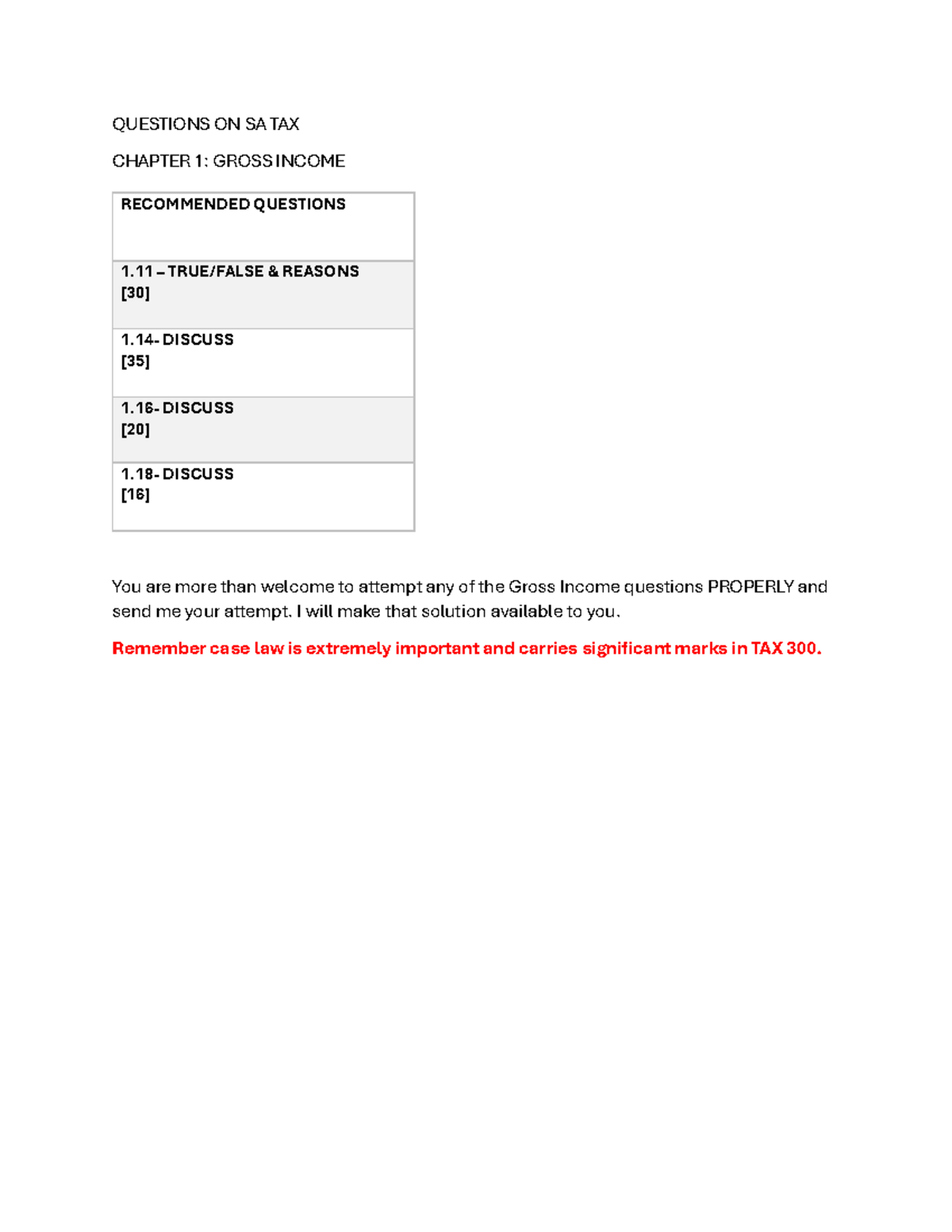 Recommended Gross Income QSat - TAX300 - QUESTIONS ON SA TAX CHAPTER 1 ...