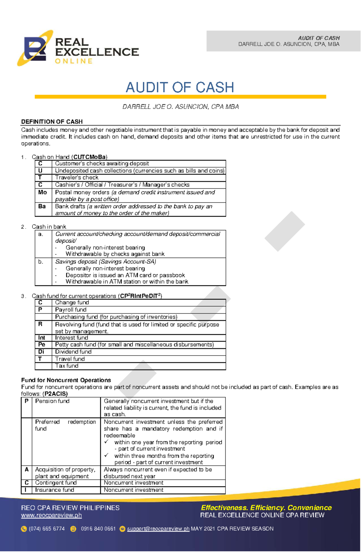 Audit of Cash ( Cash and Cash Equivalent. Bank Reconciliation, and ...