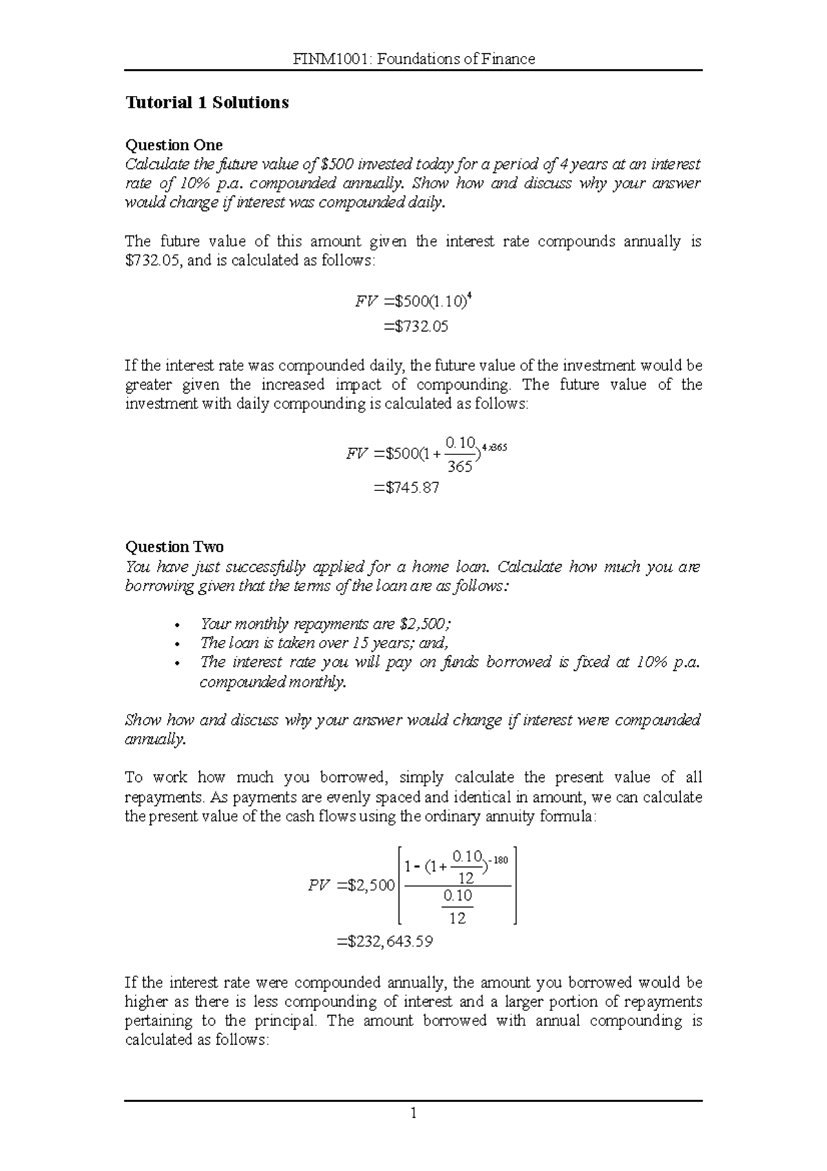 Tutorial 1 Solutions - FINM1001: Foundations of Finance Tutorial 1 ...