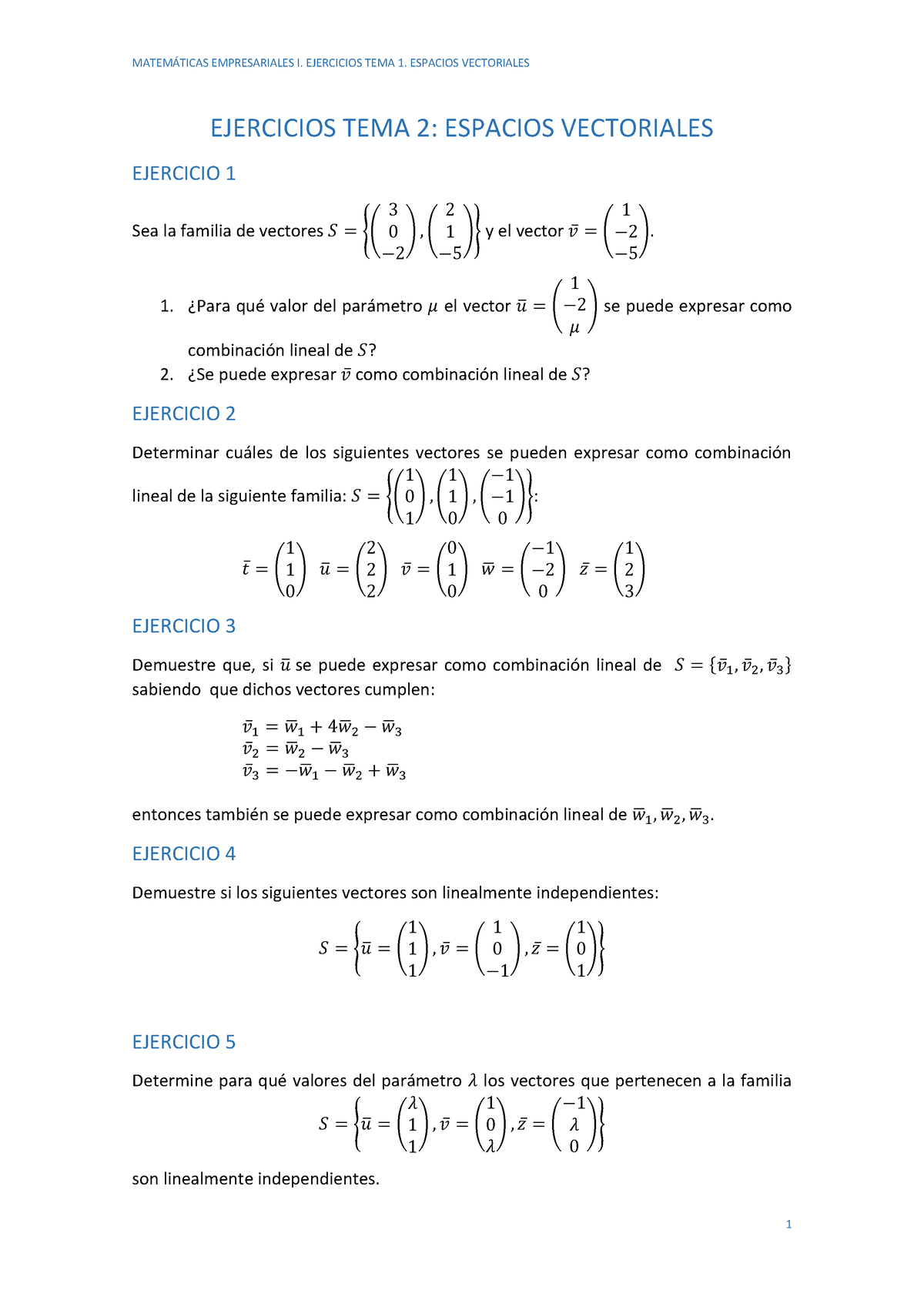 Ejercicios TEMA 2. Espacios Vectoriales. Docx - EJERCICIOS TEMA 2 ...