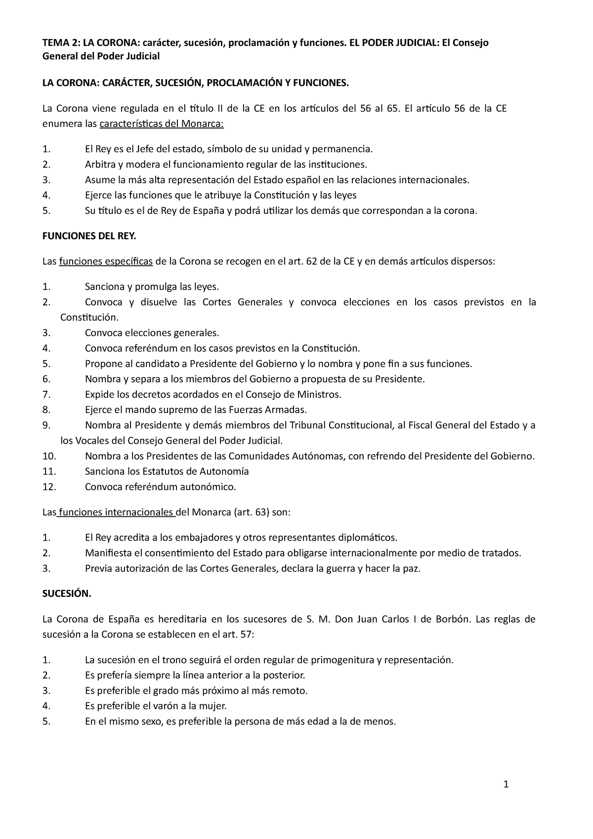 Resumen Tema 2. La Corona - TEMA 2: LA CORONA: Carácter, Sucesión ...