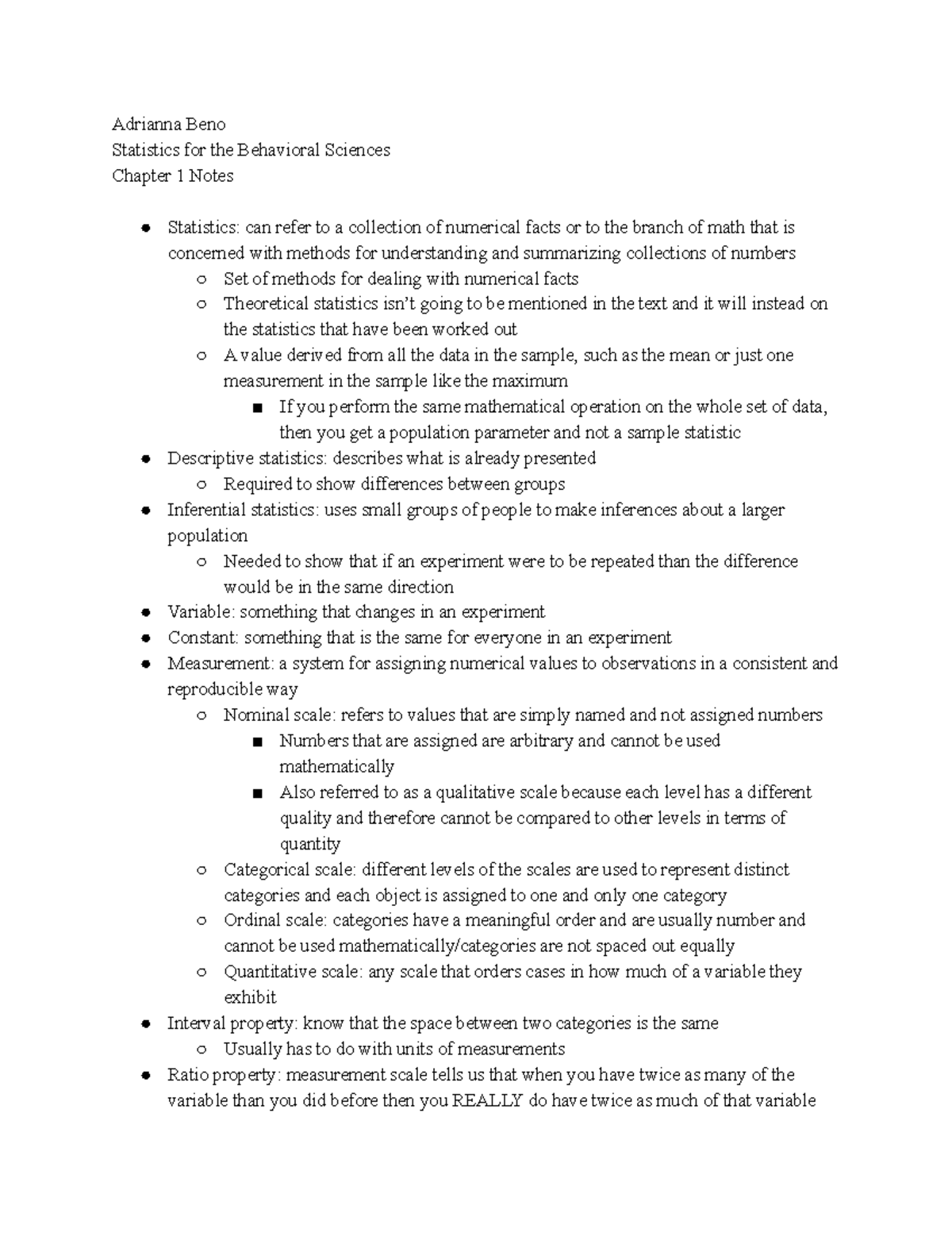 Chapter 1 notes - Adrianna Beno Statistics for the Behavioral Sciences ...